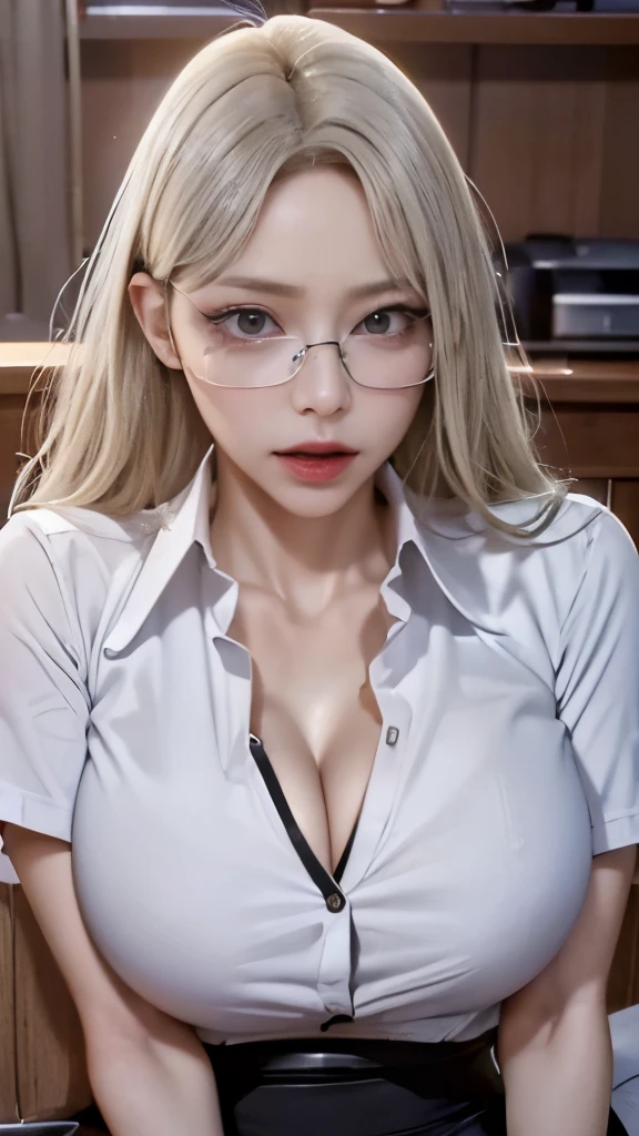 sweet expression, Lying, white glasses, short gray hair, (8k, RAW photo, realistic:1.25) ,( lip gloss, eyelash, shiny face, shiny skin, highest quality, ultra high resolution , Depth of the bounds written, chromatic aberration, caustics, wide light, natural shadow, K-POPアイドル) Gazing at the viewer with a calm and goddess-like blissful expression, whole body, big breasts, white underwear, black stockings, white shirt, secretary、smile、(full shot:1.8)