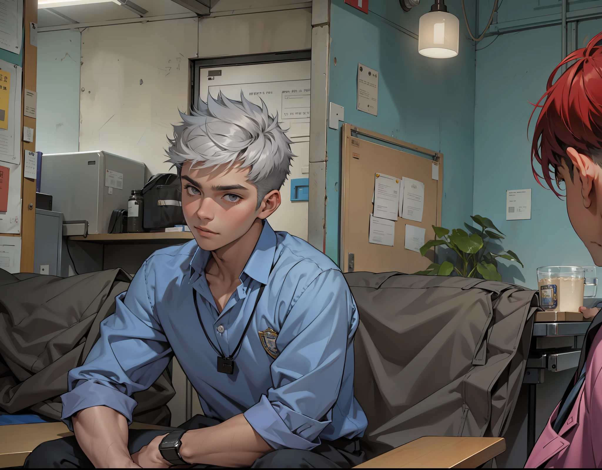 There is a handsome 18-year-old boy with short silver hair and gray eyes sitting listening to his school principal.