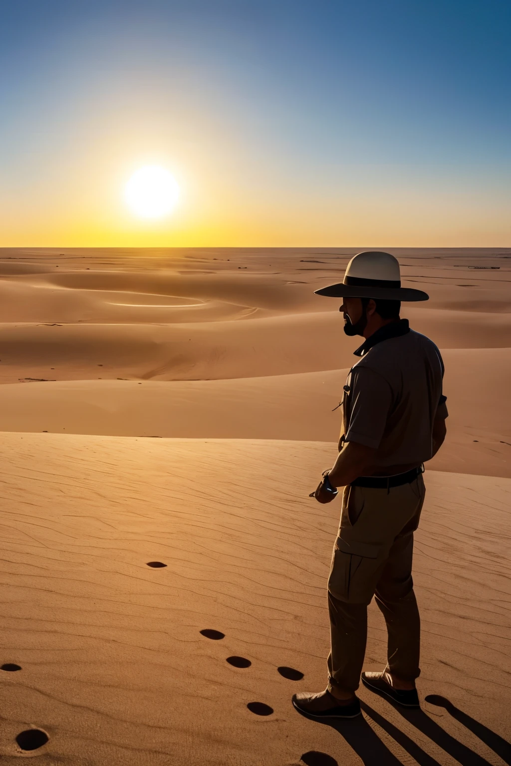 An archaeologist, with a weathered hat shading his sun-kissed face, gazes intently at an intriguing sight on the horizon. The vast desert stretches out before him, dotted with ancient ruins and relics of civilizations long past. But this discovery, this latest finding, promises to unravel mysteries yet untold.
His wind-swept clothes rustle softly in the gentle breeze, carried along with the warm, golden sand swirling in the air. In the distance, shadowy figures emerge, silhouetted against the backdrop of a seemingly endless sky, their shapes barely discernible and imbued with a sense of the unknown.