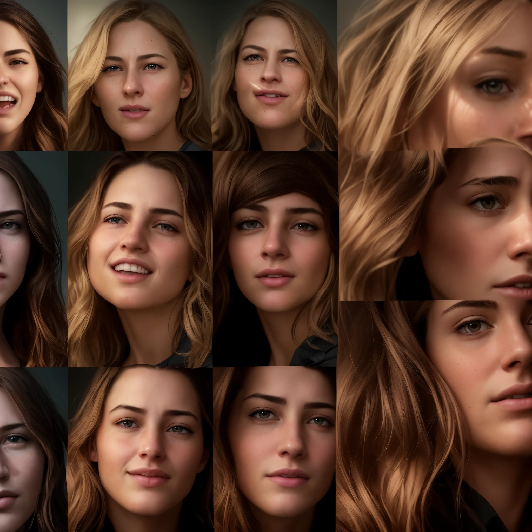 a close up of a woman with many different expressions on her face, photorealistic faces, professional retouch, uhd realistic faces, realistic face moody lighting, full face portrait composition, realistic portrait photography, highly detailed vfx portrait, color photograph portrait 4k, realistic portrait photo, realistic female faces, cinematic realistic portrait, ultrarealistic uhd faces, beautiful and realistic faces