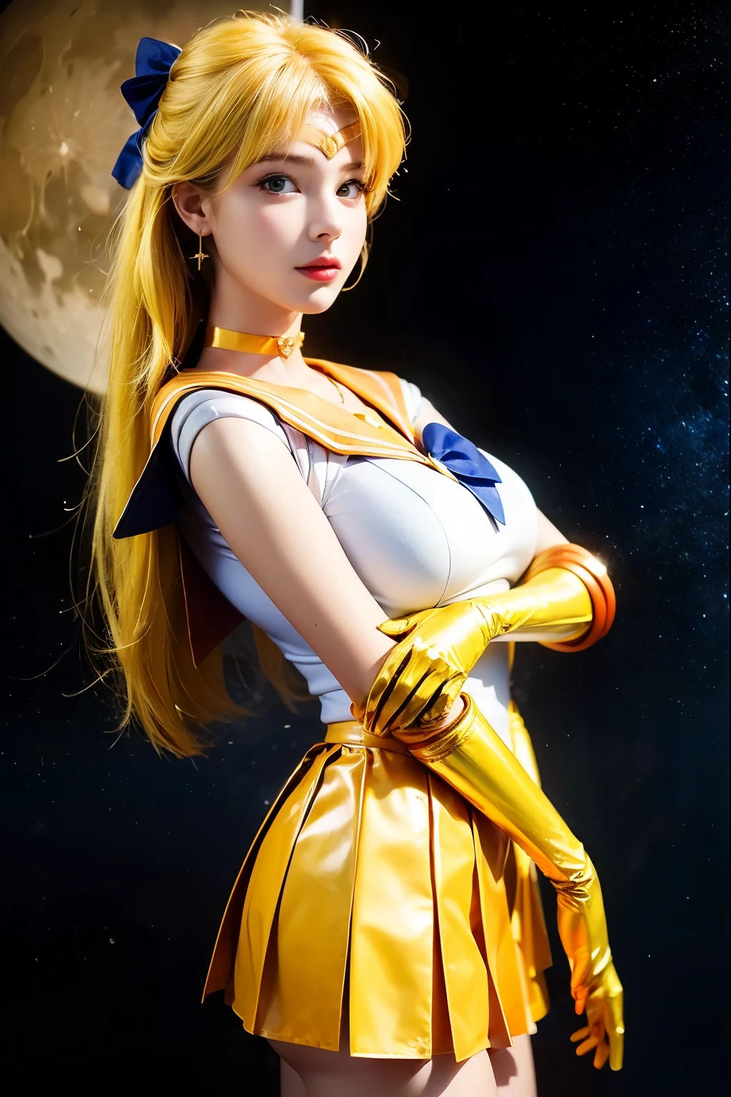 ((masterpiece:1.4)、(highest quality:1.4)、(realistic:1.7))、Masseter muscle part:1.4、beautiful girl、(sailor moon:1.4)、Tsukino Usagi、Body fit sexy sailor warrior uniform、(latex shiny)、(The jacket is a white sleeveless sailor uniform.)、(Skirt Blue Sexy Ultra Ultra Pleated Mini Skirt)、The collar of the sailor suit is blue with two thin lines..、high leg swimsuit、red cloth decoration on the chest、(wearing white gloves)、pretty girl、Super beautiful、sharp focus、portrait photography、(perfect female body:1.4)、perfect proportions、Upper body shot:1.4、beautiful face、beautiful eyes、tight waist、beautiful feet、(yellow hair:1.4)、(hair length:1.2)、beautiful breasts、big and full breasts:1.2、sexy ass、RAW photo、red lips、red high heels:1.4、choker:1.4、necklace:1.4、earrings:1.4、luxurious golden tiara:1.4、1 screen display、moon、cosmos、spaceship、space station、city of the future