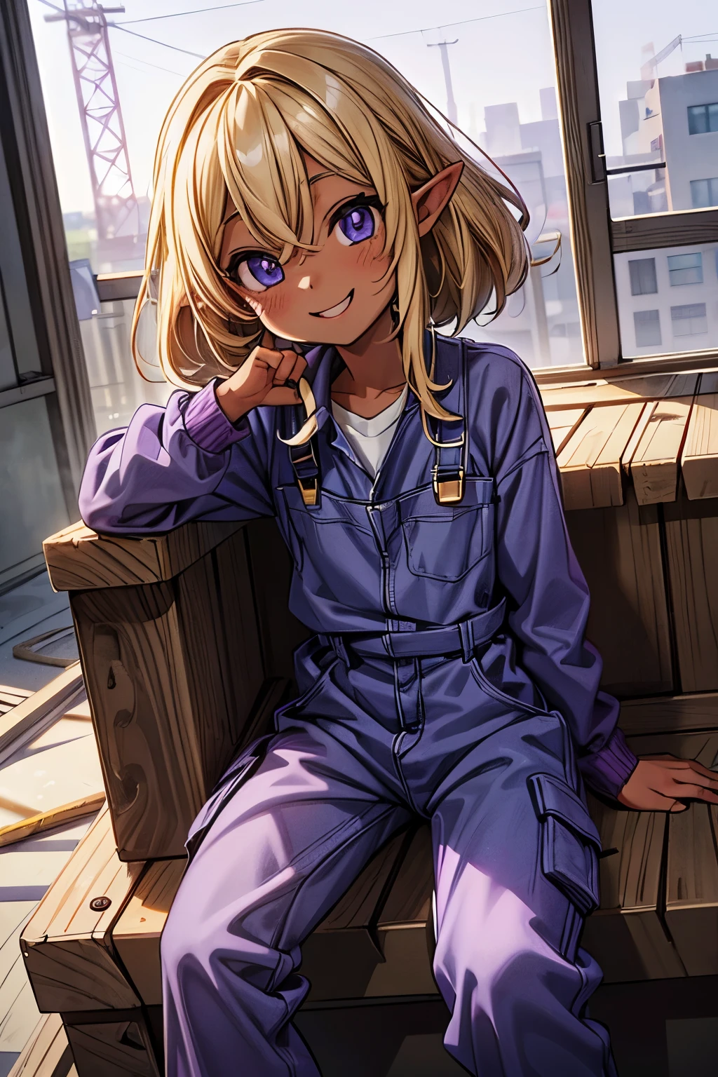 ((Masterpiece)), (Anime:1.3), ((best quality)), (RAW photo:1.2), (High Definition:1.3), (Professional Photography:1.2), (12 years old), (1girl), cute young girl, (Sitting Cute posing:1.4), BREAK, (Happy smile:1.3), (Beautiful purple daiamond eyes:1.5), (dark skin), elf girl, wearing Gray Workwear Coveralls, flat chest, slender waist, BREAK, (hair over eyes:1.2), Silky unruly hair, medium hair, ((blond hair)), wearing Gray Workwear Coveralls, (on the construction site),
