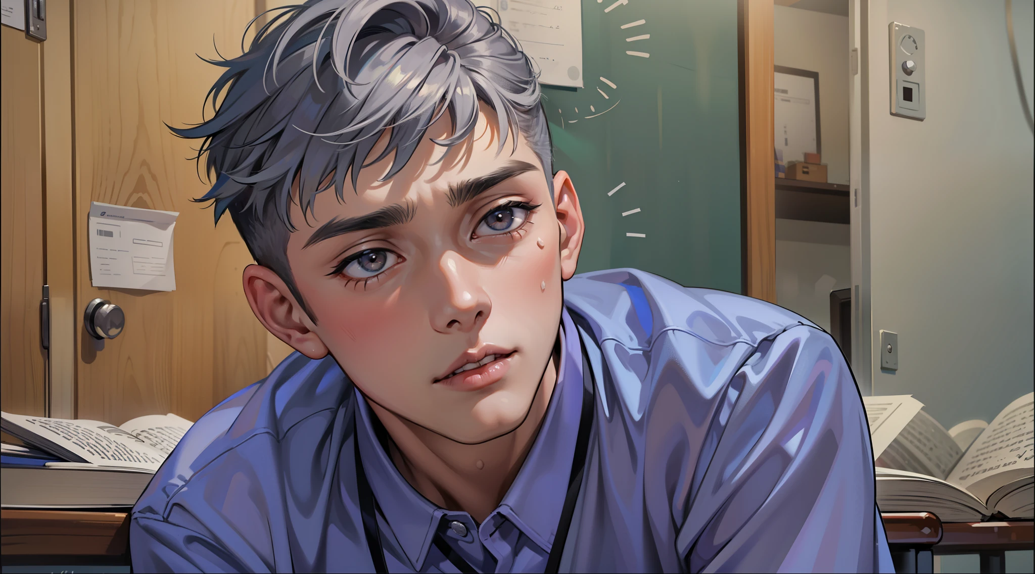 There is a handsome 18-year-old boy, amazed and scared, reacting to bad news with short hair, silver hair and gray eyes, sitting listening to his school principal sucatriz in his face.