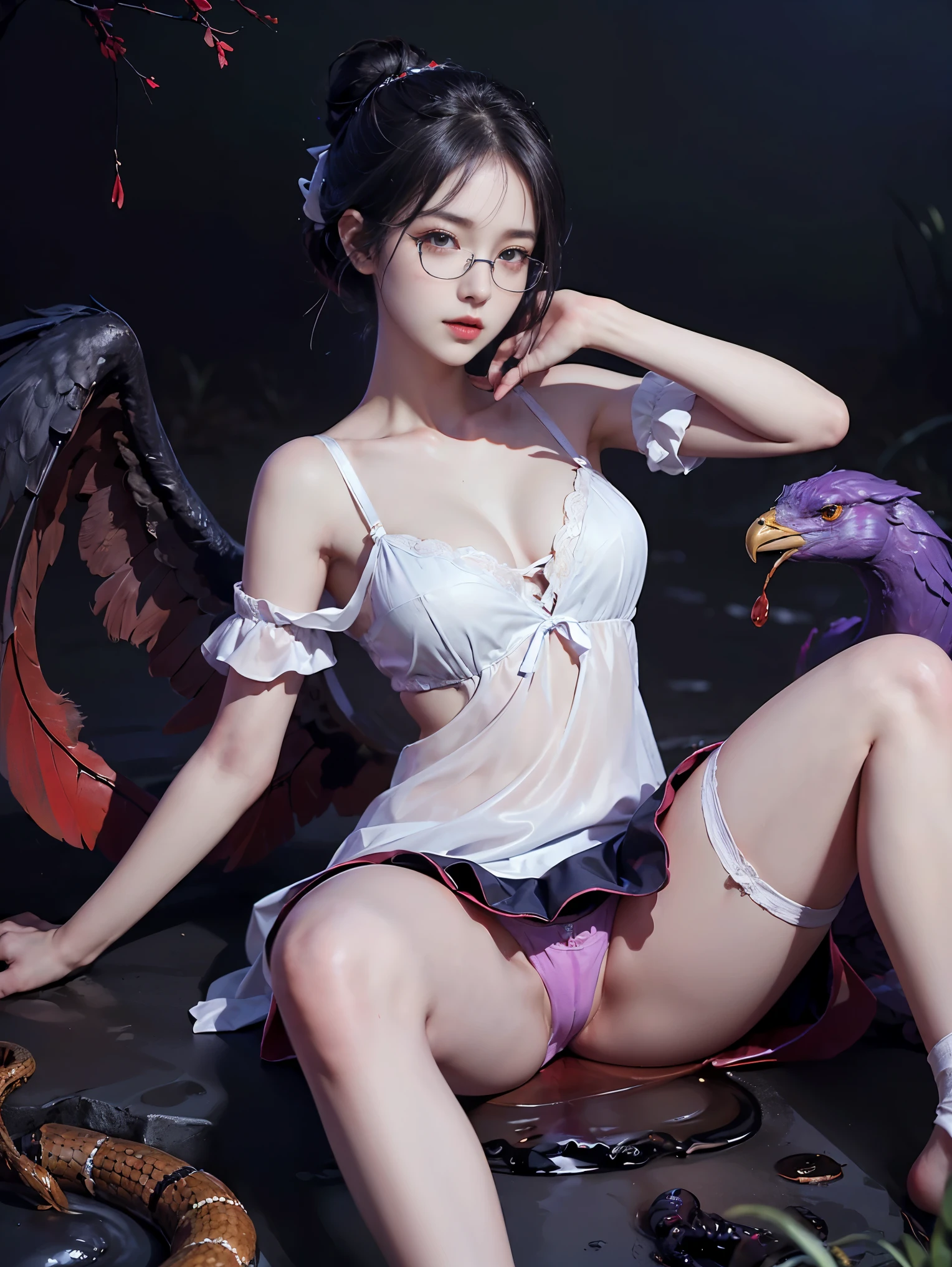 8k、RAW photography、top quality、masterpiece:1.2)、(real、photoRealstic:1.37)、、a girl in、China -、25 years old、female、a fairy corrupted by demons sitting for her legs long and smooth white on a pile of black slime (Fairy sitting with underwear made of red bird feathers exposed)、(deep night),(swamp filled with black waste (field scene filled with black waste is illuminated by lamp oil emitting a terrible blue light) poured into the soil mixed with mud to form a black solution), (underground dirt) 、(dirty soil full of worms and snakes and centipedes), 、(waste Radiation changes worms and snakes and centipedes)Light from an oil lamp on the ground, lamp surface, radiation、(sitting position with legs exposed red underwear made from bird feathers)(long white smooth legs are not has muscles) (red underwear made from super beautiful and detailed bird feathers) (sitting on a pile of black mucus (black mucus on legs and underwear) (bare legs and covered in a lot of black fluid) ,purple hair in a sexy high bun, navy pink eyes with lenses,, face details, lip details, eye details, glasses, excess skin、(white ultra-thin nightgown reveals bra underneath )(color bra black made from crow feathers )、(wearing a short white skirt in a lying position revealing juicy red panties. White juice flows from underwear to underwear and thigh juice flows from red panties to the ground )、 (no with camisole) 、 Sparkling cleavage, , off shoulder, off thigh, thigh bow ,(camel toe), perfect body , Shiny skin, (Body odor: 1, 2), angular face smug, ((sit)), Eye contact with camera, Lens blur for background camera, depth of field, 35 m, super detail, super quality, perfect to perfect 、、 ( (Retro style photo shoot )),hands in front of chest ,((NSFW 1:1) ),((Retro filter 1:1) )