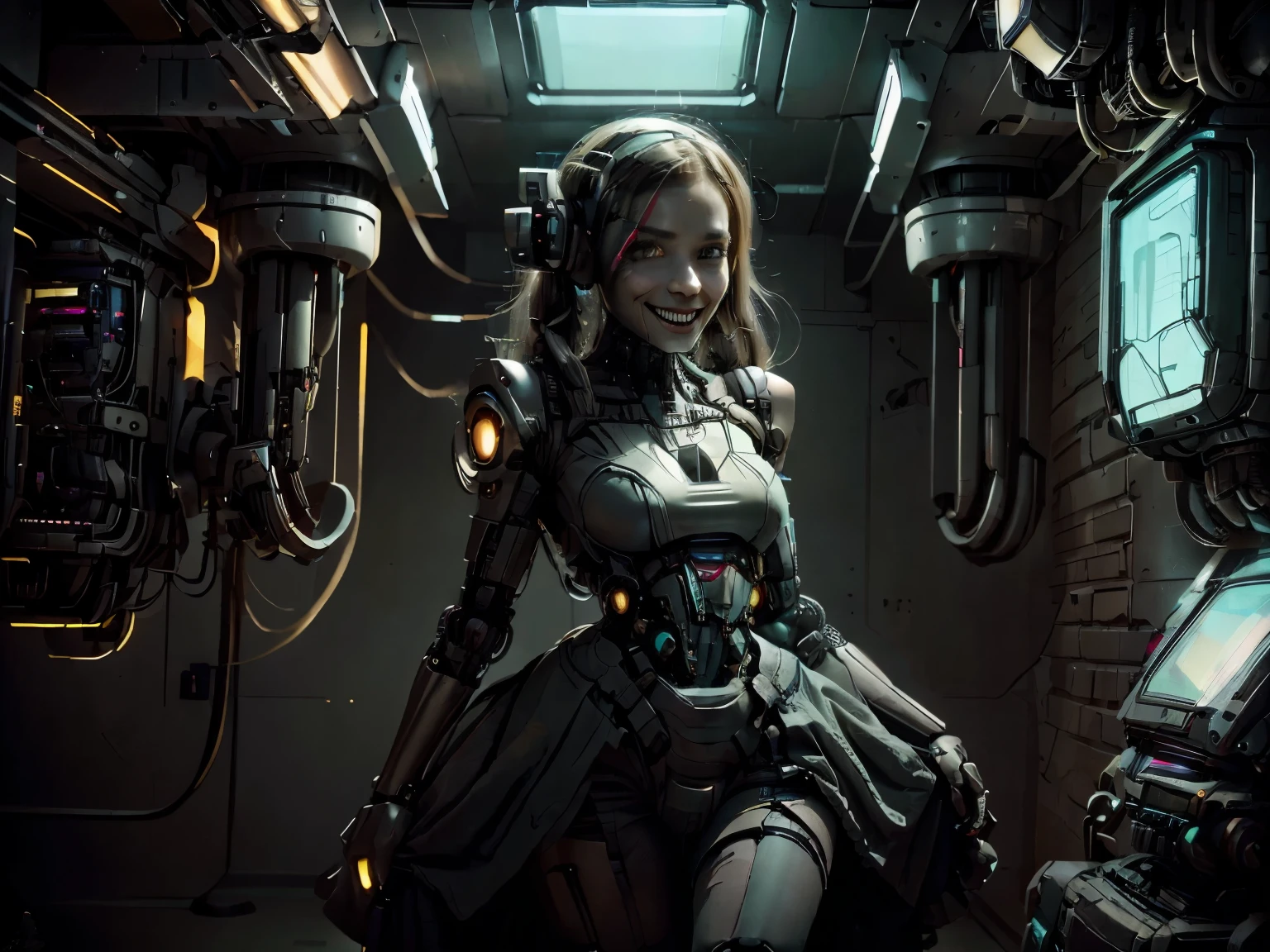 (spider robots around a little necron girl in a sun yellow dress looking over her shoulder with a creepy smile), photo realistic, cyborg girl with a human face, hyper realistic, cyberpunk girl, dystopian, futuristic horror scene, creepy childs bedroom, robot spiders around a cyborg girl in a dress