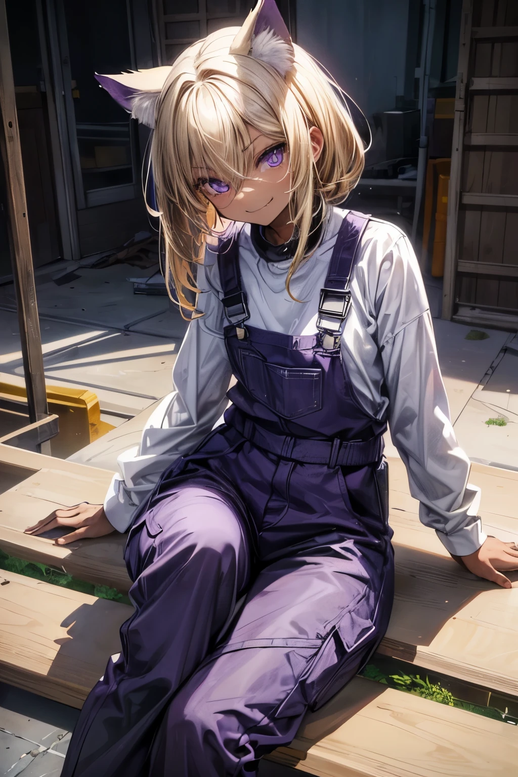 ((Masterpiece)), (Anime:1.3), ((best quality)), (RAW photo:1.2), (High Definition:1.3), (Professional Photography:1.2), (12 years old), (1girl), cute young girl, (Sitting Cute posing:1.4), BREAK, (smirk:1.3), (Beautiful purple daiamond eyes:1.5), (dark skin), (Cat ears), wearing Gray Workwear Coveralls, flat chest, slender waist, BREAK, (hair over eyes:1.2), Silky unruly hair, medium hair, ((blond hair)), wearing Gray Workwear Coveralls, (on the construction site),