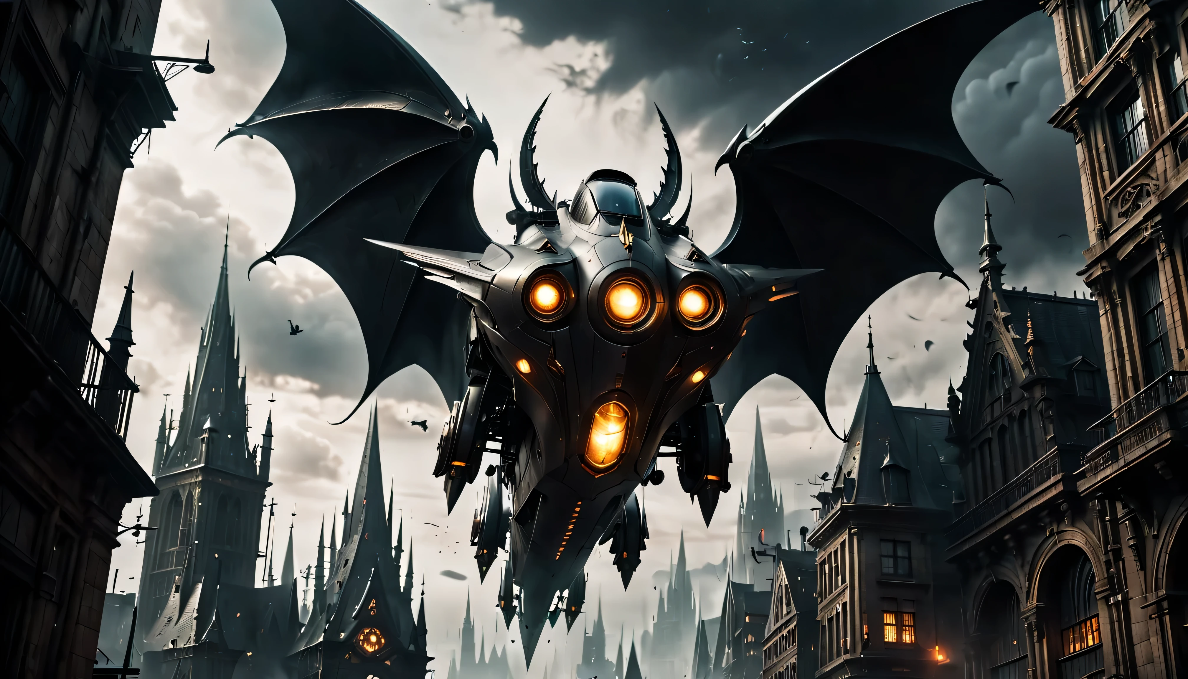 gothic style, flying car, gothic style science fiction, gothic style future skyscrapers

(best quality,4k,8k,highres,masterpiece:1.2),ultra-detailed,realistic:1.37,medium:oil painting, horror, dark, moody, shadowy atmosphere, ominous clouds, gothic architecture, pointed arches, spires, pinnacles, gargoyles, flying buttresses, dramatic lighting, stormy sky, gleaming metal wings, flying car hovering in the air, graceful movement, advanced propulsion system, innovative energy source, propeller-less design, ornate carvings, elaborate ironwork, twisted spires, reaching high into the sky, mechanical marvels, futuristic design, flickering neon lights, steampunk elements, mysterious figures, hooded cloaks, outlines against the night sky, metallic hues, narrow streets, winding alleys, steam rising from manhole covers, electric sparks, smoke billowing from chimneys, detailed cityscape, skyscrapers piercing the clouds, illuminated windows, glowing signs, haunting ambiance, breathtaking vistas, imposing structures, gravity-defying architecture, otherworldly beauty.