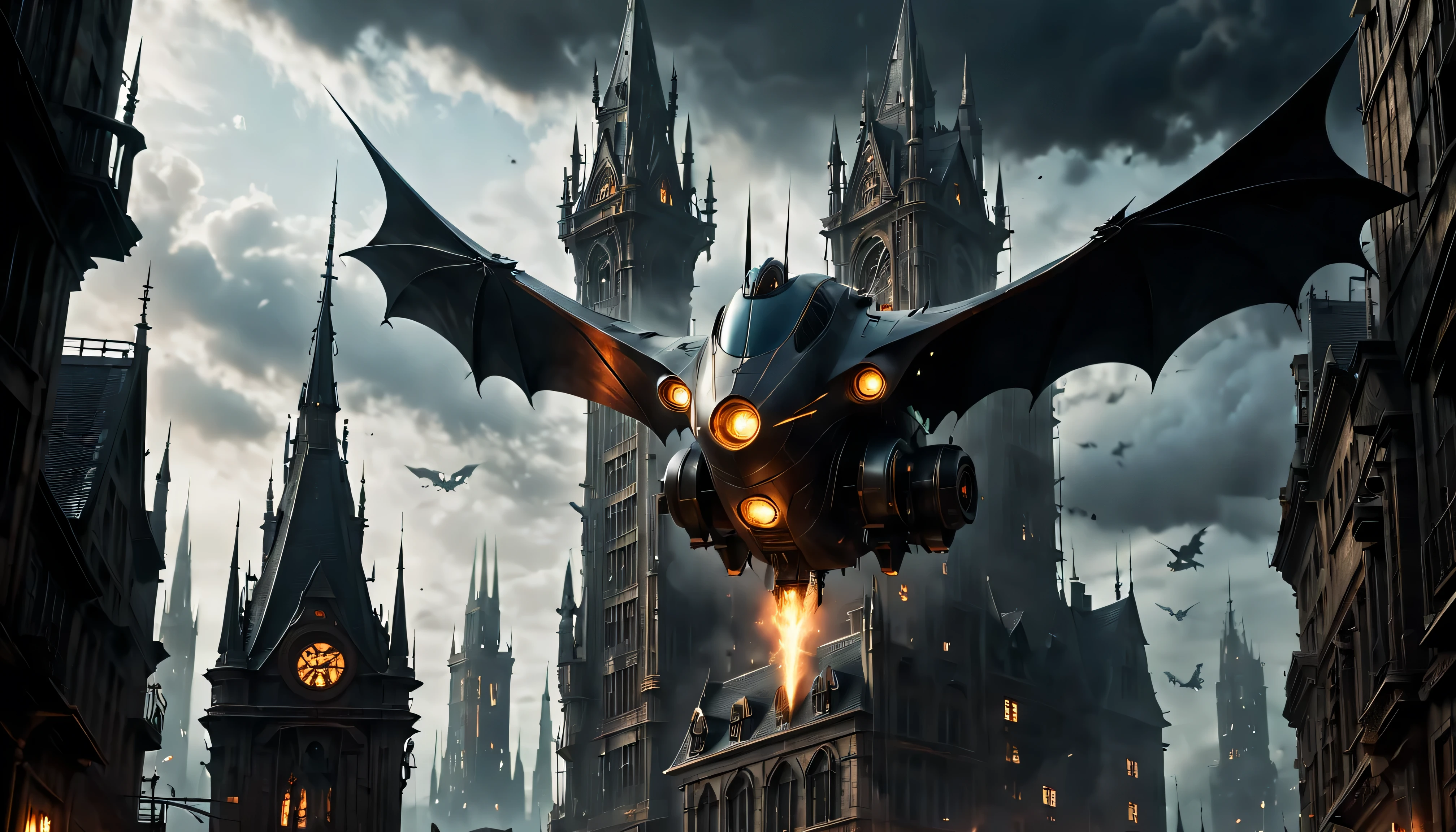 gothic style, flying car, gothic style science fiction, gothic style future skyscrapers

(best quality,4k,8k,highres,masterpiece:1.2),ultra-detailed,realistic:1.37,medium:oil painting, horror, dark, moody, shadowy atmosphere, ominous clouds, gothic architecture, pointed arches, spires, pinnacles, gargoyles, flying buttresses, dramatic lighting, stormy sky, gleaming metal wings, flying car hovering in the air, graceful movement, advanced propulsion system, innovative energy source, propeller-less design, ornate carvings, elaborate ironwork, twisted spires, reaching high into the sky, mechanical marvels, futuristic design, flickering neon lights, steampunk elements, mysterious figures, hooded cloaks, outlines against the night sky, metallic hues, narrow streets, winding alleys, steam rising from manhole covers, electric sparks, smoke billowing from chimneys, detailed cityscape, skyscrapers piercing the clouds, illuminated windows, glowing signs, haunting ambiance, breathtaking vistas, imposing structures, gravity-defying architecture, otherworldly beauty.