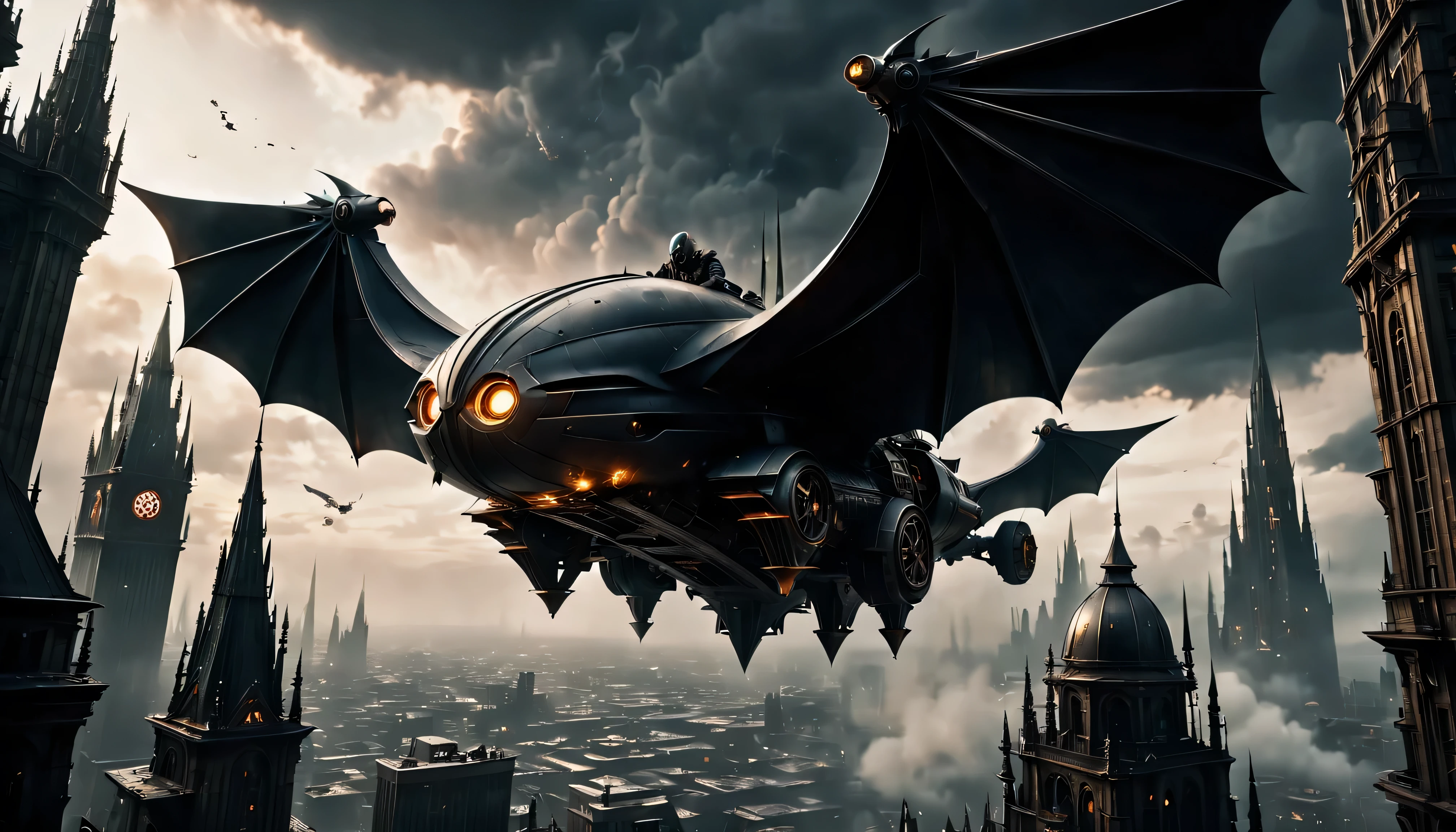 gothic style, flying car, gothic style science fiction, gothic style future skyscrapers

(best quality,4k,8k,highres,masterpiece:1.2),ultra-detailed,realistic:1.37,medium:oil painting, horror, dark, moody, shadowy atmosphere, ominous clouds, gothic architecture, pointed arches, spires, pinnacles, gargoyles, flying buttresses, dramatic lighting, stormy sky, gleaming metal wings, flying car hovering in the air, graceful movement, advanced propulsion system, innovative energy source, propeller-less design, ornate carvings, elaborate ironwork, twisted spires, reaching high into the sky, mechanical marvels, futuristic design, flickering neon lights, steampunk elements, mysterious figures, hooded cloaks, outlines against the night sky, metallic hues, narrow streets, winding alleys, steam rising from manhole covers, electric sparks, smoke billowing from chimneys, detailed cityscape, skyscrapers piercing the clouds, illuminated windows, glowing signs, haunting ambiance, breathtaking vistas, imposing structures, gravity-defying architecture, otherworldly beauty.