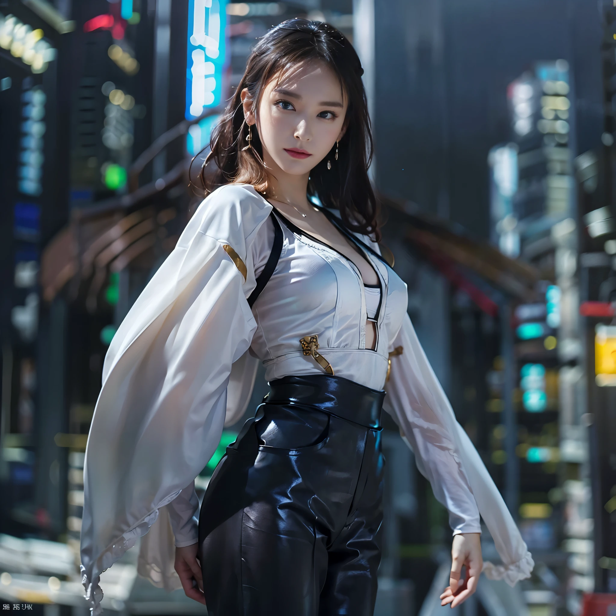 Clothes、sleeve(realistic、Like a photograph、live action、8k, Photoreal, RAW photo, best image quality: 1.4), Single-lens reflex camera、RAW photo, highest quality, realistic, Highly detailed CG Unity 8k wallpaper, Depth of written boundary, cinematic light, Lens flare, ray tracing, From above:1.2、realistic background、(black suit:1.4、hot pants:1.35、肌にフィットするClothes:1.3)、((super dense skin))、 1 female,beautiful japanese woman、Space Detective、future police、SF:1.3、cool beauty、((full body shot:1.5)、big breasts:1.2、cleavage:1.1)、avert your eyes、super detail face、random hairstyle:1.2、i like the style、long hair、Snazzy、Super detailed、pay attention to details、long hair、hair arrangement、raised hair、wearing high heels、beautiful detailed earrings、necklace、perfect costume、(white skin)、(I can see the whole body)、beautiful feet、Background of detailed expression、Standing in the near future world、cyber city、The future all