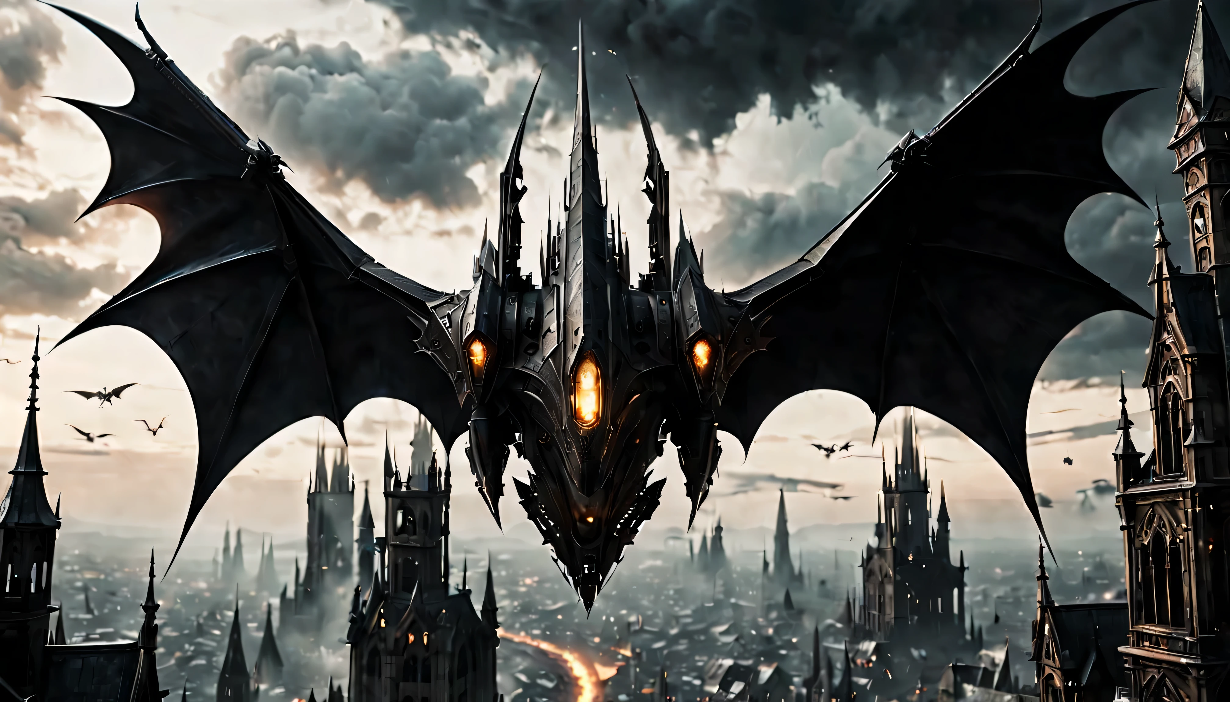 gothic style, flying car, gothic style science fiction, gothic style future skyscrapers
(best quality,4k,8k,highres,masterpiece:1.2),ultra-detailed,realistic:1.37,medium:oil painting, horror, dark, moody, shadowy atmosphere, ominous clouds, gothic architecture, pointed arches, spires, pinnacles, gargoyles, flying buttresses, dramatic lighting, stormy sky, gleaming metal wings, flying car hovering in the air, graceful movement, advanced propulsion system, innovative energy source, propeller-less design, ornate carvings, elaborate ironwork, twisted spires, reaching high into the sky, mechanical marvels, futuristic design, flickering neon lights, steampunk elements, mysterious figures, hooded cloaks, outlines against the night sky, metallic hues, narrow streets, winding alleys, steam rising from manhole covers, electric sparks, smoke billowing from chimneys, detailed cityscape, skyscrapers piercing the clouds, illuminated windows, glowing signs, haunting ambiance, breathtaking vistas, imposing structures, gravity-defying architecture, otherworldly beauty.