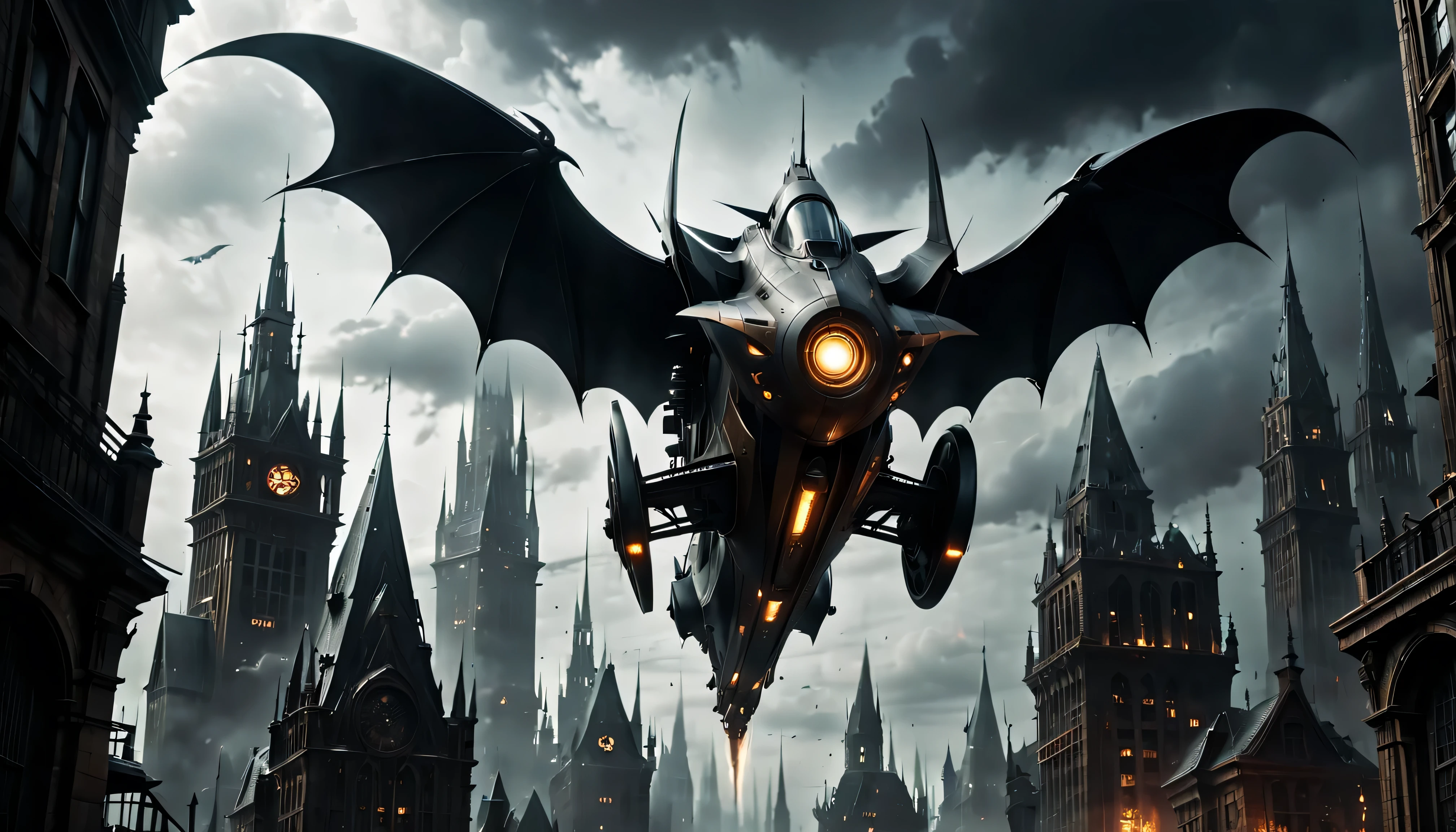 gothic style, flying car, gothic style science fiction, gothic style future skyscrapers

(best quality,4k,8k,highres,masterpiece:1.2),ultra-detailed,realistic:1.37,medium:oil painting, horror, dark, moody, shadowy atmosphere, ominous clouds, gothic architecture, pointed arches, spires, pinnacles, gargoyles, flying buttresses, dramatic lighting, stormy sky, gleaming metal wings, flying car hovering in the air, graceful movement, advanced propulsion system, innovative energy source, propeller-less design, ornate carvings, elaborate ironwork, twisted spires, reaching high into the sky, mechanical marvels, futuristic design, flickering neon lights, steampunk elements, mysterious figures, hooded cloaks, outlines against the night sky, metallic hues, narrow streets, winding alleys, steam rising from manhole covers, electric sparks, smoke billowing from chimneys, detailed cityscape, skyscrapers piercing the clouds, illuminated windows, glowing signs, haunting ambiance, breathtaking vistas, imposing structures, gravity-defying architecture, otherworldly beauty.