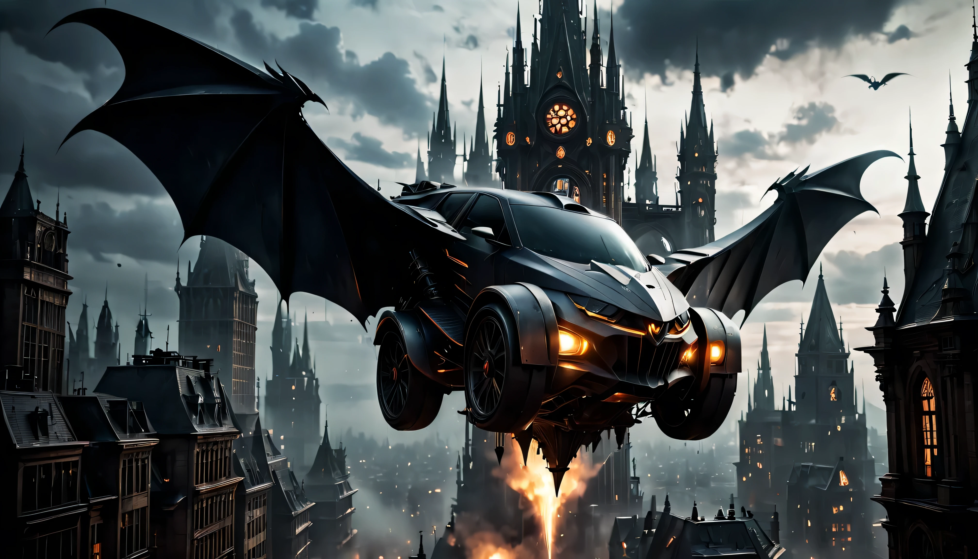 gothic style, flying car, gothic style science fiction, gothic style future skyscrapers

(best quality,4k,8k,highres,masterpiece:1.2),ultra-detailed,realistic:1.37,medium:oil painting, horror, dark, moody, shadowy atmosphere, ominous clouds, gothic architecture, pointed arches, spires, pinnacles, gargoyles, flying buttresses, dramatic lighting, stormy sky, gleaming metal wings, flying car hovering in the air, graceful movement, advanced propulsion system, innovative energy source, propeller-less design, ornate carvings, elaborate ironwork, twisted spires, reaching high into the sky, mechanical marvels, futuristic design, flickering neon lights, steampunk elements, mysterious figures, hooded cloaks, outlines against the night sky, metallic hues, narrow streets, winding alleys, steam rising from manhole covers, electric sparks, smoke billowing from chimneys, detailed cityscape, skyscrapers piercing the clouds, illuminated windows, glowing signs, haunting ambiance, breathtaking vistas, imposing structures, gravity-defying architecture, otherworldly beauty.