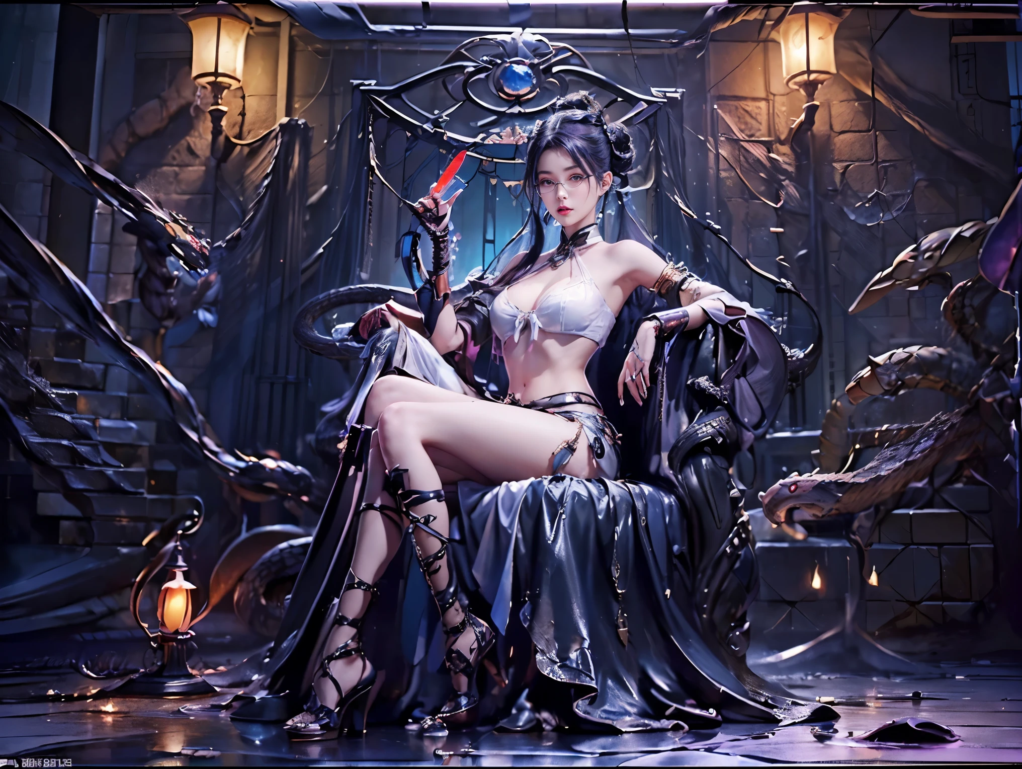 8k、RAW photography、top quality、masterpiece:1.2)、(real、photoRealstic:1.37)、、a girl in、China -、25 years old、female、a sexy whore sitting on a dripping throne black liquid、(deep night),(the haunted palace was heavily stained with black liquid (the scene of the palace filled with black waste illuminated by lamp oil emitting a terrible blue light) poured into the mixed soil with mud to form a black solution), 、(dirty ground full of worms and snakes and centipedes), 、(black waste transformed by worms and snakes and centipedes)Light from an oil lamp on the ground, lamp face, radiation、(sitting position with two legs revealing red underwear)( long smooth white legs with no muscles) (red panties are super beautiful and detailed) (sitting on a throne containing black mucus (black mucus on legs and underwear) ( colored high heels made from black mucus bunched around the feet), purple-blue hair in a sexy high bun, navy blue eyes with lenses,, face details, lip details, eye details, glasses, excess skin、 (crop top made of white fur)(crop top revealing cleavage)、(wearing white miniskirt while sitting on a throne revealing juicy red panties. White juice flows from underwear to underwear and Thigh juice flowing from red panties to the ground ) 、 Glistening cleavage, , off shoulder, off thigh, thigh bow ,(camel toe), perfect body , Shiny skin, (Body odor: 1, 2), smug angular face, ((sitting)), Eye contact with camera, Lens blur for background camera, depth of field, 35 m, super detail, super quality, perfect perfect to perfect 、、 ( (Retro style photo shoot )),hands in front of chest ,((NSFW 1:1) ),((Retro filter 1:1) )