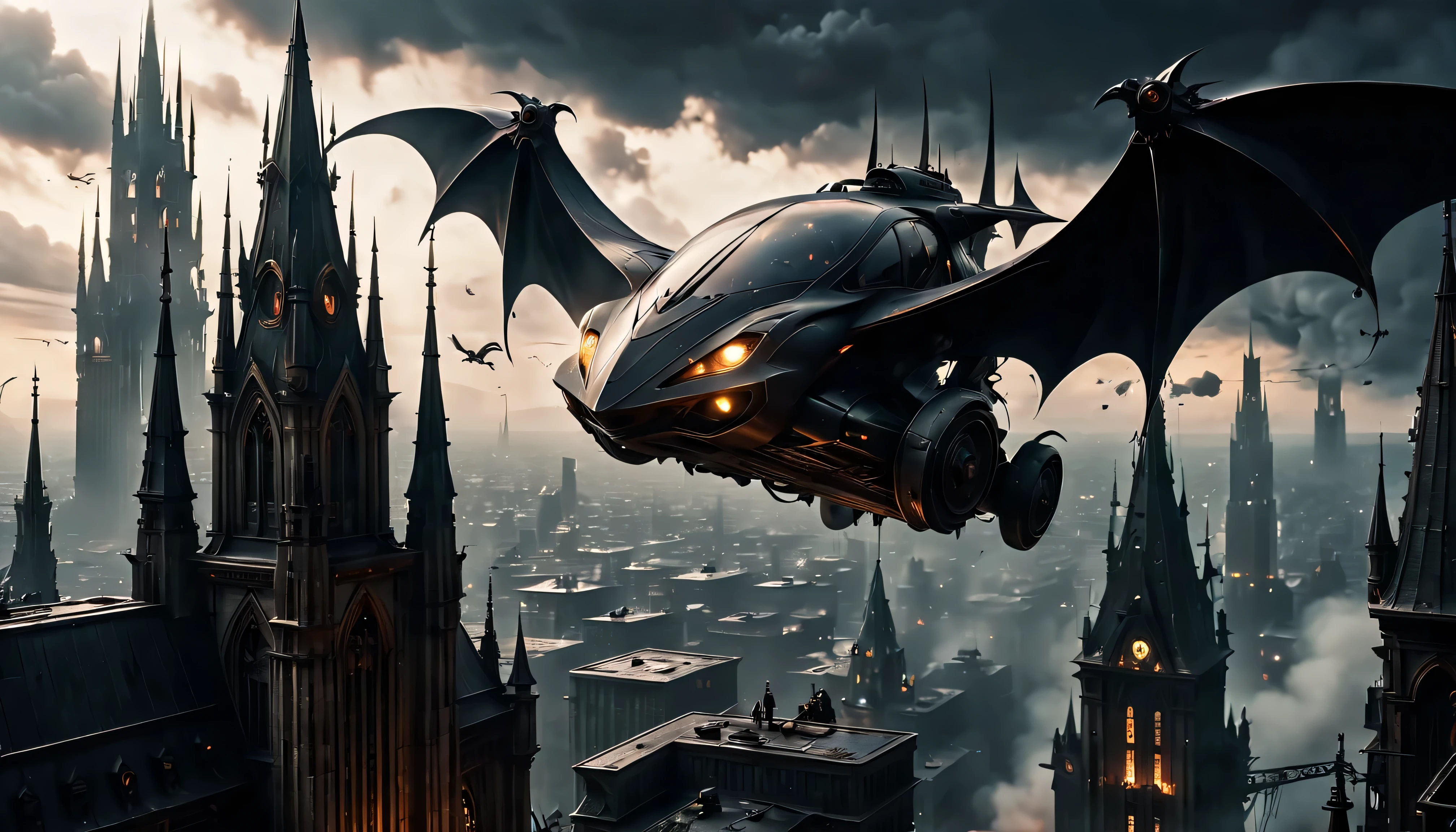 gothic style, flying car, gothic style science fiction, gothic style future skyscrapers

(best quality,4k,8k,highres,masterpiece:1.2),ultra-detailed,realistic:1.37,medium:oil painting, horror, dark, moody, shadowy atmosphere, ominous clouds, gothic architecture, pointed arches, spires, pinnacles, gargoyles, flying buttresses, dramatic lighting, stormy sky, gleaming metal wings, flying car hovering in the air, graceful movement, advanced propulsion system, innovative energy source, propeller-less design, ornate carvings, elaborate ironwork, twisted spires, reaching high into the sky, mechanical marvels, futuristic design, flickering neon lights, steampunk elements, mysterious figures, hooded cloaks, outlines against the night sky, metallic hues, narrow streets, winding alleys, steam rising from manhole covers, electric sparks, smoke billowing from chimneys, detailed cityscape, skyscrapers piercing the clouds, illuminated windows, glowing signs, haunting ambiance, breathtaking vistas, imposing structures, gravity-defying architecture, otherworldly beauty.