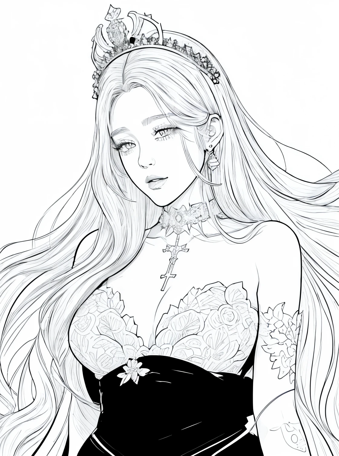 a drawing of a naked woman with long hair, royal crown, a naked big breast, nude, chocker, cross on the neck, beautiful line art, beautiful drawing style, extremely fine ink lineart, perfect lineart, line art!!, thick line art, bold lineart, illustration line art style, black and white line art, black ink line art, lineart behance hd, exquisite line art, black and white sketch