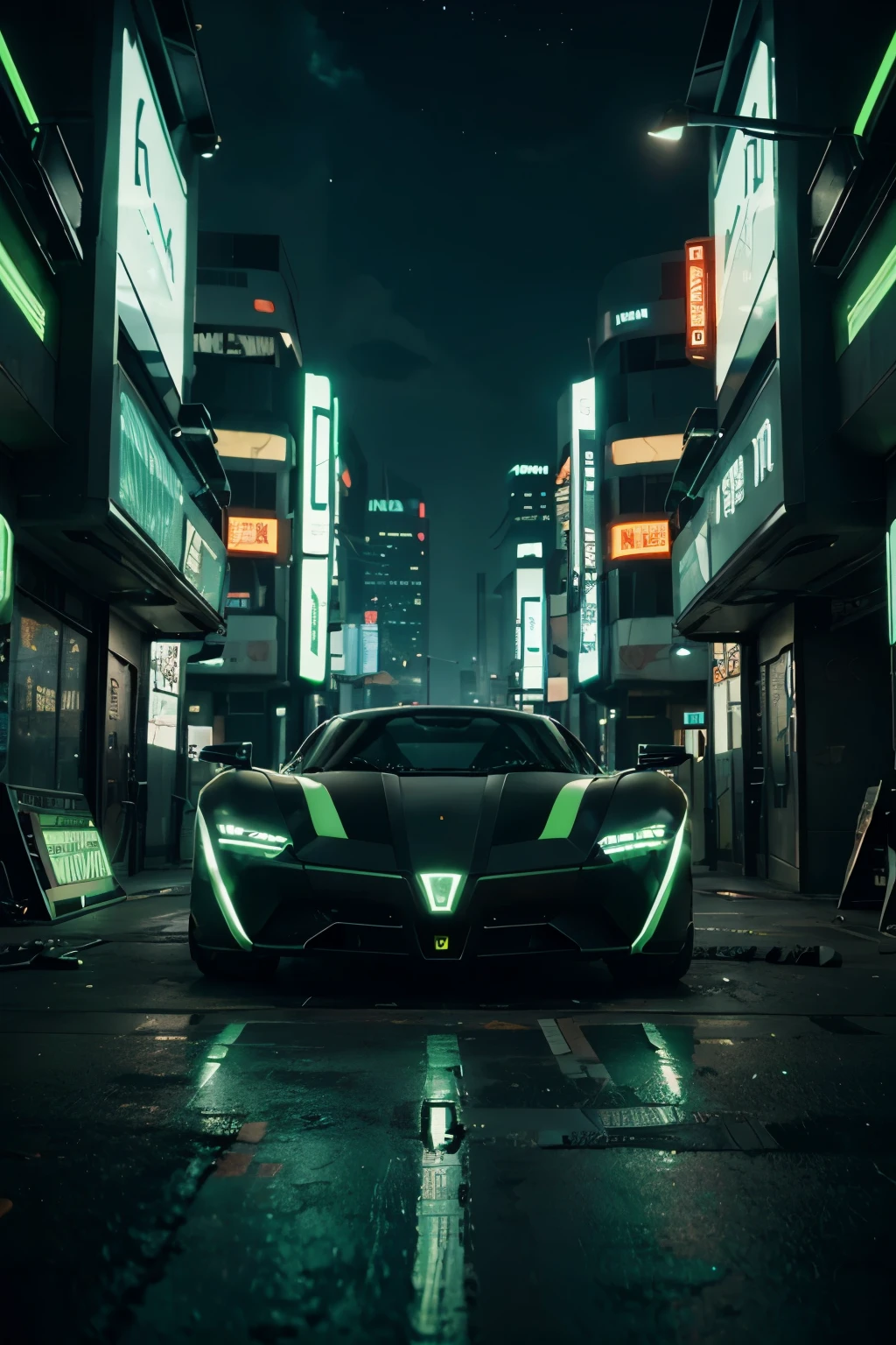 A futuristic cyberpunk 4 DOOR vehicle set in a futuristic city with GREEN NEON, Surreal, steel, design intrincado, Detalhes malucos, detalhes finos, Linhas extremamente claras, Cinematic lighting, fotorrealista, obra-prima detalhada