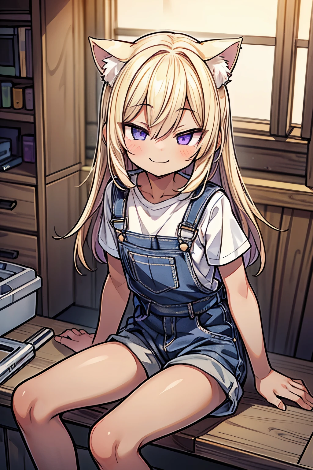 ((Masterpiece)), (Anime:1.3), ((best quality)), (RAW photo:1.2), (High Definition:1.3), (Professional Photography:1.2), (12 years old), (1girl), cute young girl, (Sitting Cute posing:1.4), BREAK, (smirk:1.3), (Beautiful purple daiamond eyes:1.5), (dark skin), (Cat ears), wearing Workwear overalls, flat chest, slender waist, BREAK, (hair over eyes:1.2), Silky unruly hair, medium hair, ((blond hair)), wearing Workwear overalls, (on the construction site),