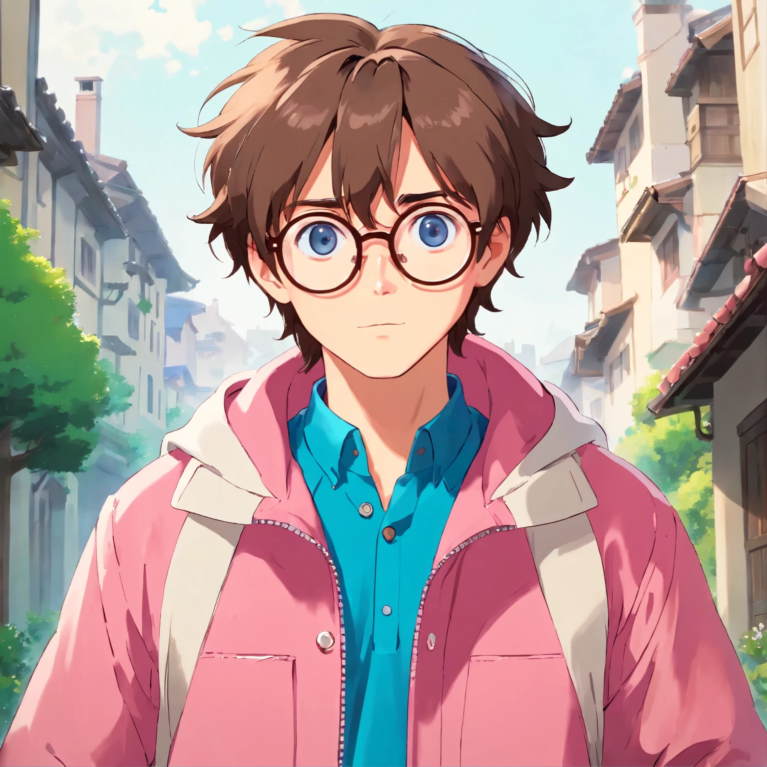 masterpiece, best quality, movie still, 1man, neutral face, (male focus:1.2), (cute:1.7), cute man wearing round glasses, looking at the viewer, wearing a pink jacket, blue eyes, big nose, dark blond hair, messy hair, white background, full body