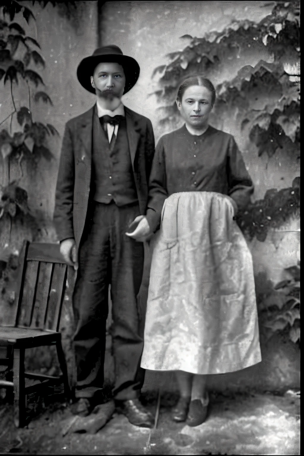 Photograph of a man and woman standing side by side, ropa de la era 1 8 7 0 s, usando ropa de 1 8 5 0 s, Ropa 1 8 6 0 S, retrato de dos personas, Foto temprana en blanco y negro., Foto de 1850 de un granjero, tomada a mediados del siglo XIX