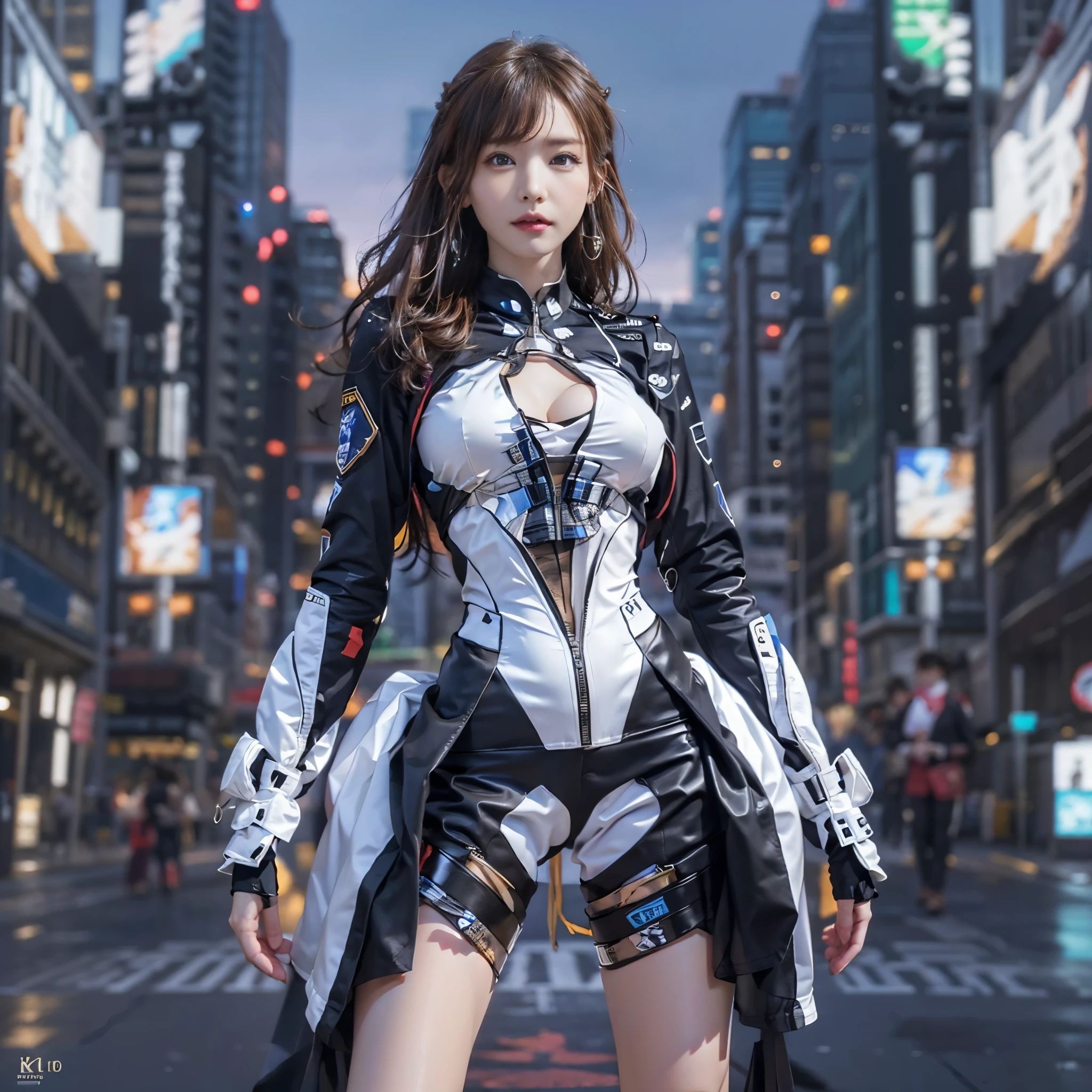 (realistic、Like a photograph、live action、8k, Photoreal, RAW photo, best image quality: 1.4), Single-lens reflex camera、RAW photo, highest quality, realistic, Highly detailed CG Unity 8k wallpaper, Depth of written boundary, cinematic light, Lens flare, ray tracing, From above:1.2、realistic background、(black suit:1.4、hot pants:1.35、Clothes that fit the skin:1.3)、((super dense skin))、 1 female,beautiful japanese woman、Space Detective、future police、SF:1.3、cool beauty、((full body shot:1.5)、big breasts:1.2、cleavage:1.1)、avert your eyes、super detail face、random hairstyle:1.2、i like the style、long hair、Snazzy、Super detailed、pay attention to details、long hair、hair arrangement、raised hair、wearing high heels、beautiful detailed earrings、necklace、perfect costume、(white skin)、(I can see the whole body)、beautiful feet、Background of detailed expression、Standing in the near future world、cyber city、future city