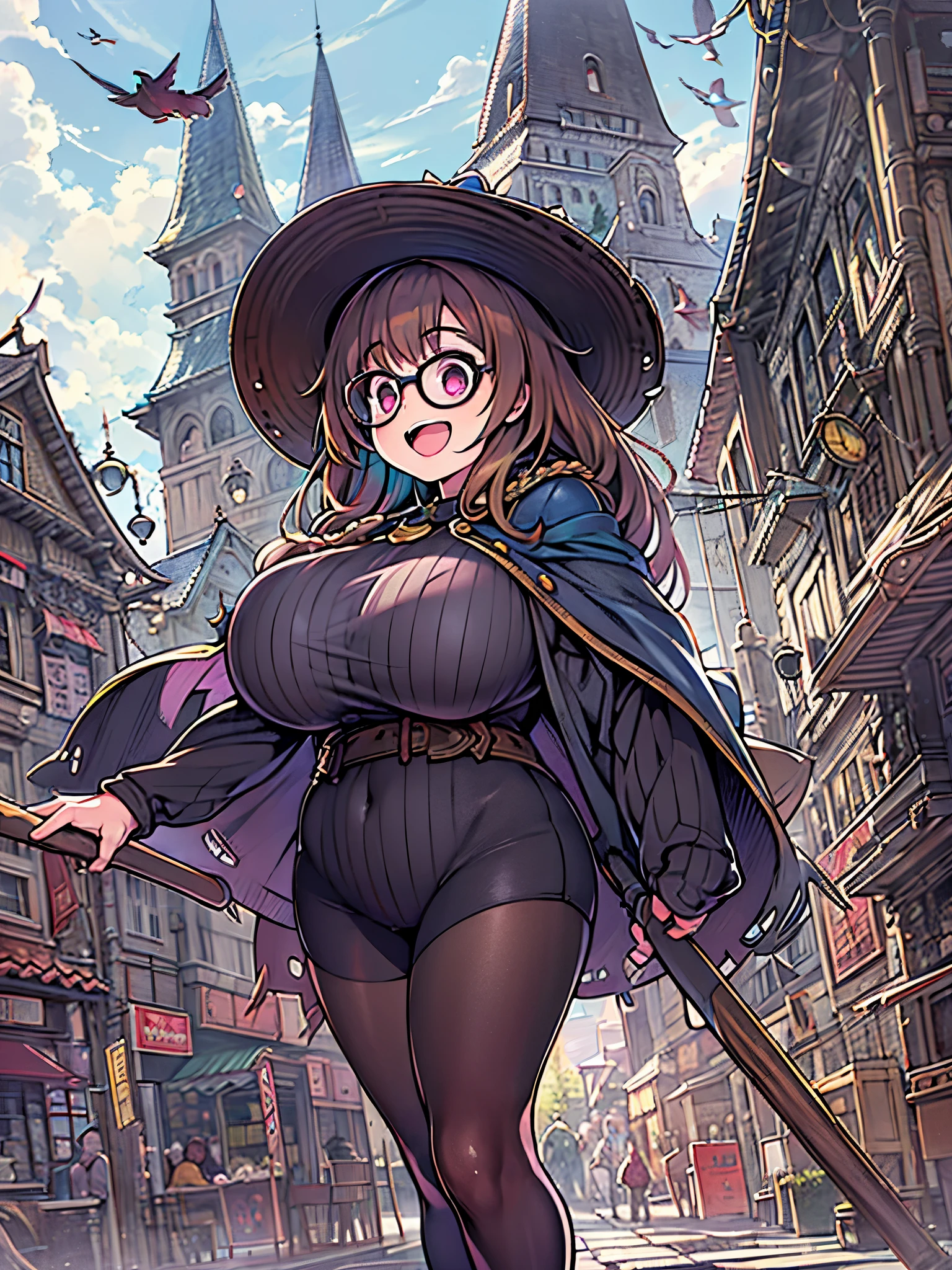 fantasy、Girl Witch、(bbw:1.4)、big breasts、brown hair、purple eyes、Black Wizard Hat、dressed in black clothes、open mouth smile、medieval europe cityscape、wears round black rimmed glasses、Are standing、wearing black tights、Thighs