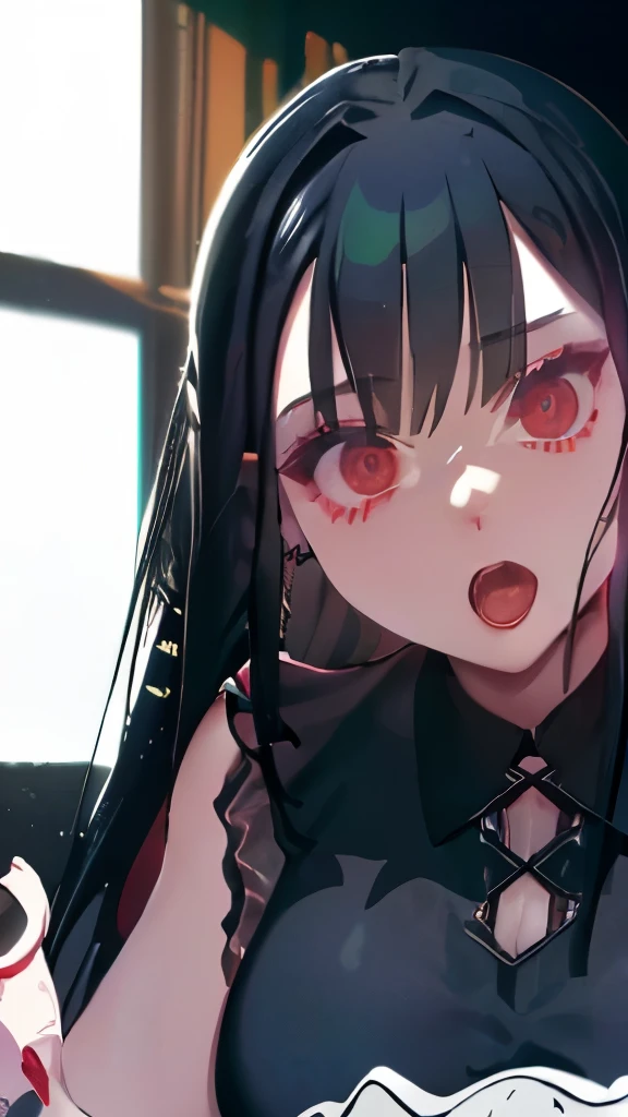 ((highest quality)), ((masterpiece)), (very detailed: 1.3), 3D, neon black, A black-haired female student wearing a micro bikini lying on the bed、big breasts、dark shadow、put on a white shirt、bright red lipstick、 (full shot:1.8)