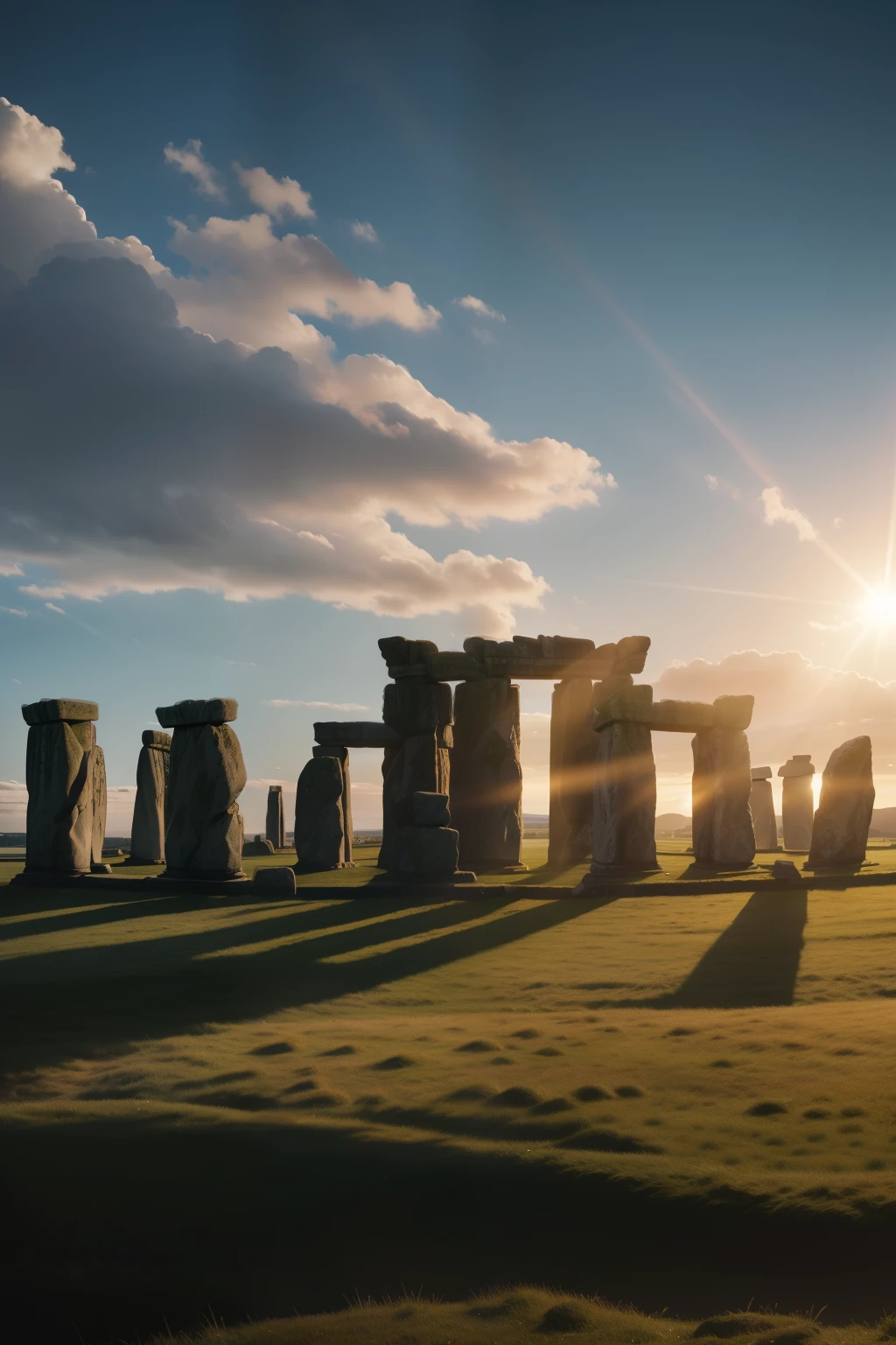 An intriguing vista unfolds before the keen eyes of an archaeologist, as the enigmatic silhouette of Stonehenge looms on the horizon in a captivating backdrop during a sunlit day. The monument's colossal stones, steeped in history and mystery, cast long, dramatic shadows against the golden, expansive landscape. This breathtaking scene unfolds in exquisite detail, with the highest definition, hyperrealistic imagery that transports the viewer to the very heart of prehistoric England. The sun's rays filter through the air, casting a warm, ethereal glow on the ancient edifice, while the blue sky stretches out above, d