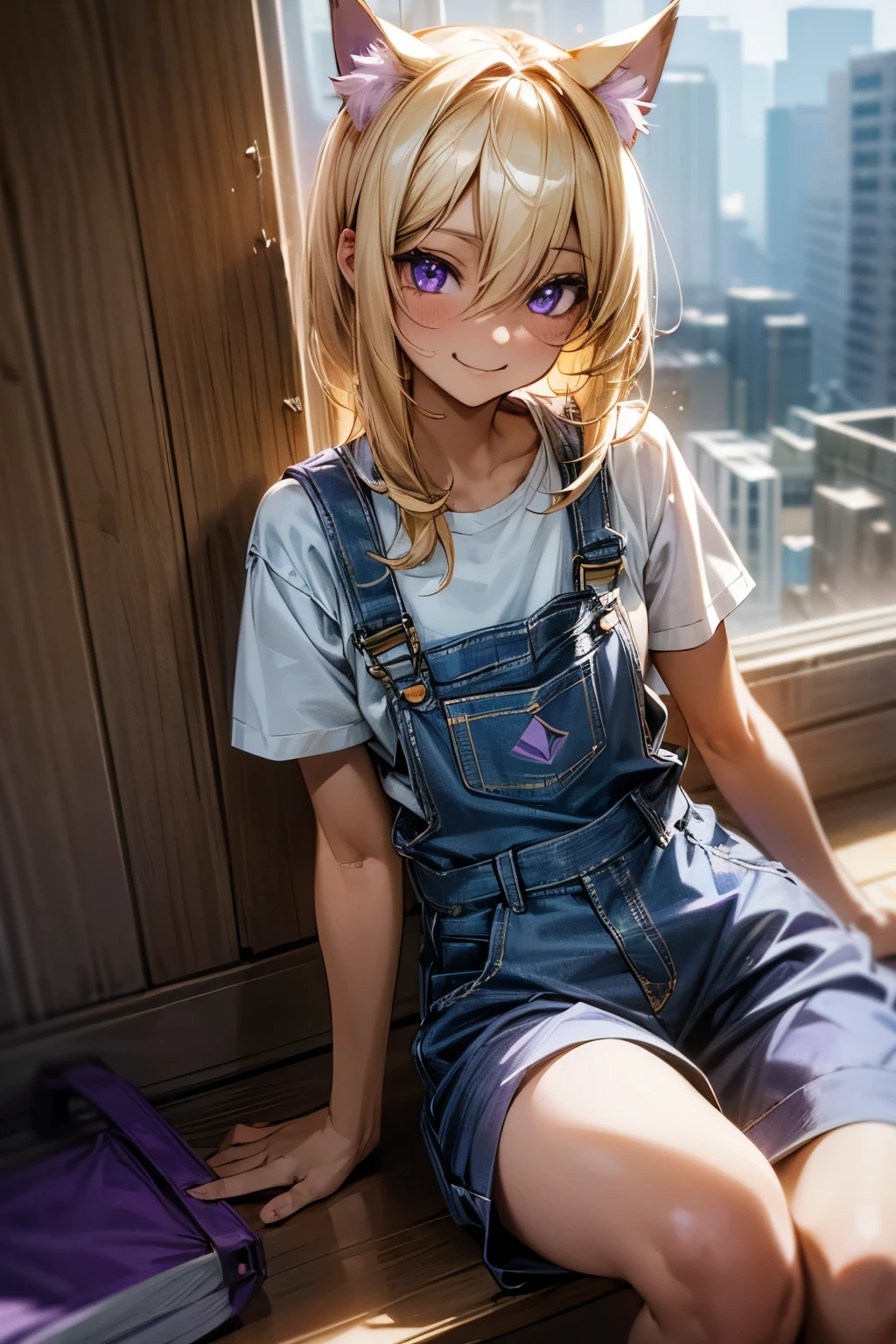 ((Masterpiece)), (Anime:1.3), ((best quality)), (RAW photo:1.2), (High Definition:1.3), (Professional Photography:1.2), from below, (), (1girl), cute young girl, (Sitting Cute posing:1.4), BREAK, (smirk:1.3), (Beautiful purple daiamond eyes:1.5), (dark skin), (Cat ears), wearing Workwear overalls, flat chest, slender waist, BREAK, (hair over eyes:1.2), Silky unruly hair, medium hair, ((blond hair)), wearing Workwear overalls, (on the construction site),