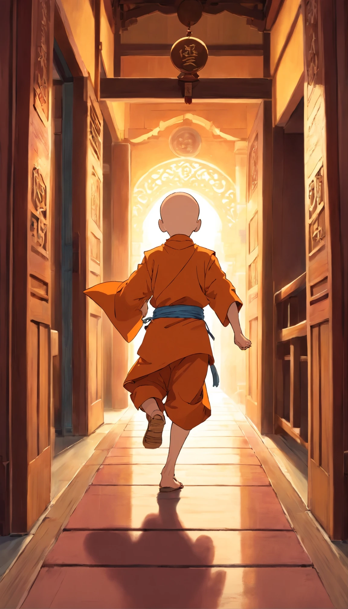 Bald boy monk running, El lleva un libro, The boy runs down the hallway of a temple

