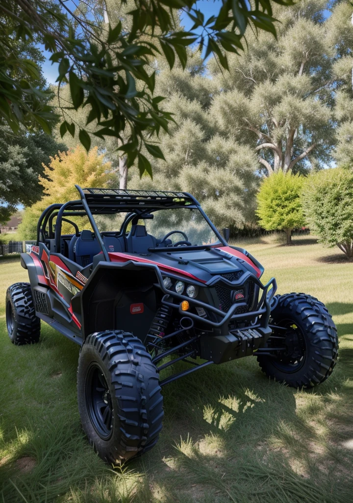 a close up of a black and red utv parked in the grass, front side full, front shot, photo taken in 2018, front side, by Sebastian Vrancx, buggy, by Dennis Flanders, off - road, profile shot, by Matt Cavotta, front and side views, front profile shot, front portrait, front side views full