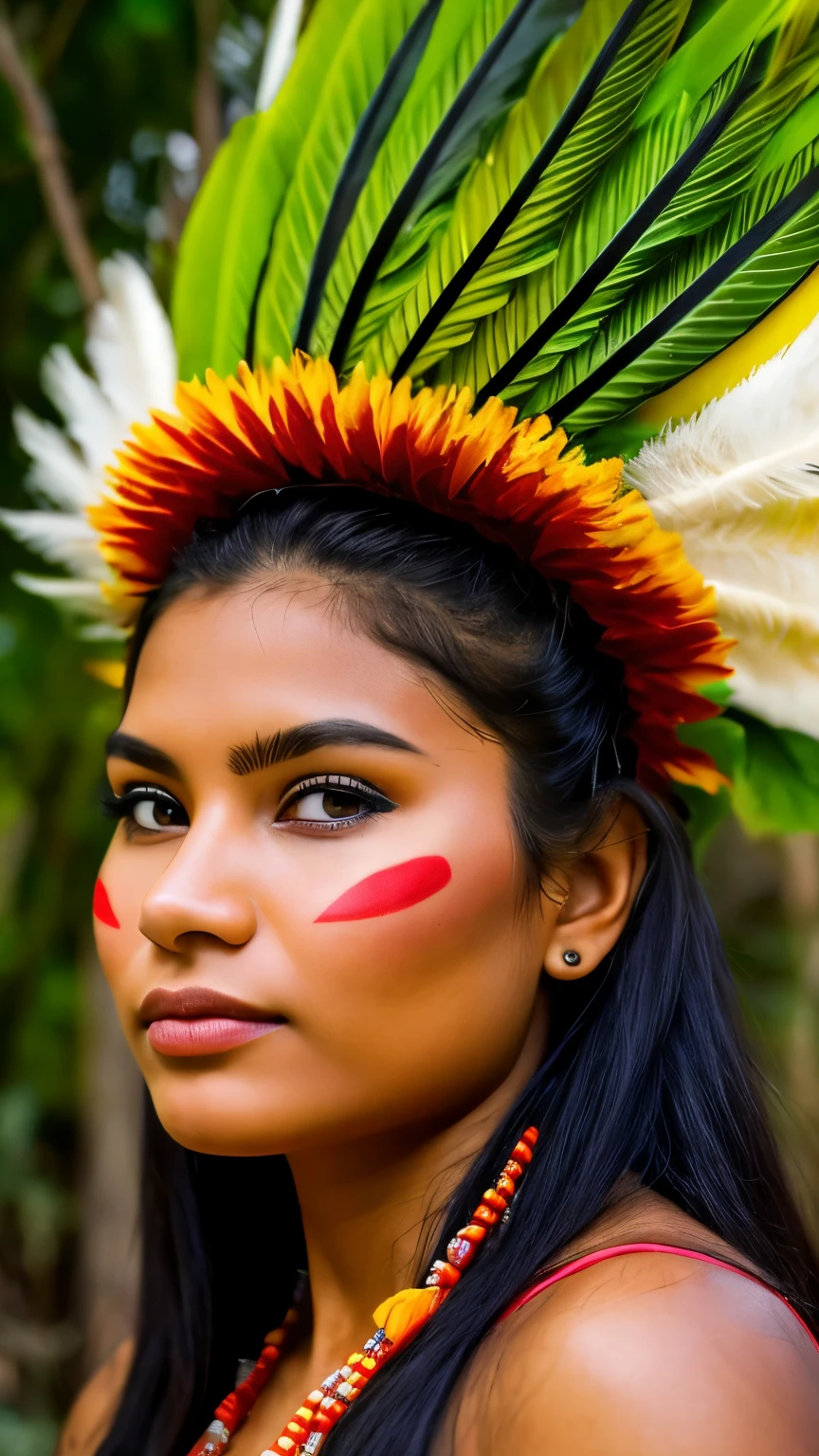 ((RAW photo, Best quality)), (Realistic, photo-realistic:1.2). A beautiful indigenous girl in native dress with feathers and feathers on her head, amazon indian peoples in brazil, beautiful young female brazilian Native girl, Yanomami Indian in typical costumes,High quality. Amazonia forest and river Background.