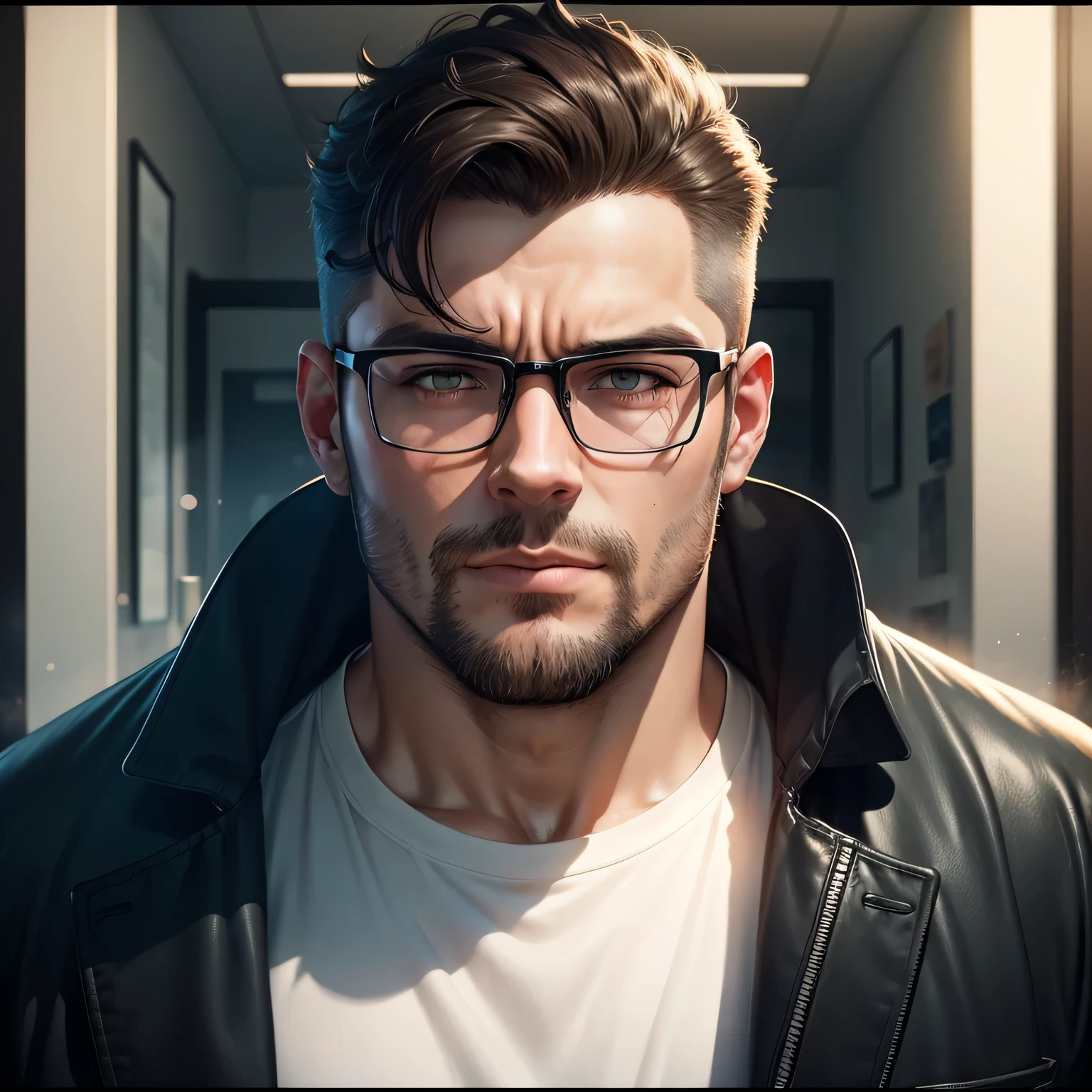 gros plan d’un homme portant des lunettes et une veste, bel homme, Homme à lunettes, square glass frame, Thick lenses - hoops, Clip musical, extremely beau, Square frame lenses, thick-framed lenses, Homme attrayant, Handsome male, Film promotionnel, gros plan, beau, capturer d'cinema screen, Style WLOP