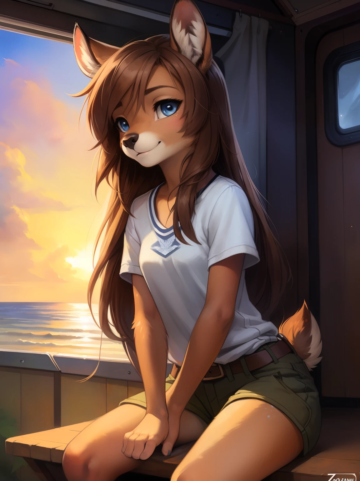 uploaded the e621, beautiful and detailed portrait of a (((female))) small very young solo teenage young anthro female deer doe with with small hips and a skinny body and ((clear navy blue eyes)),  ( small legs and hips :1.5), small pelvis, Slim waist, no clothes, nude, blushing, pink nipples. detailed breasts, detailed vagina, sitting in a camper van next to a beach, long brown hair,  kenket, Ross Tran,ruan jia, uploaded to e621, zaush, foxovh, zenematic lighting, deer,full body, day, beautiful, messy hair, brown hair, 1girl, solo, night, smiling shyly, detailed,hair covering eyes,  black and brown hair, long hair floating in the wind, beautiful, (sublime: 1.0), (Extremely sensitive: 1.0), 
