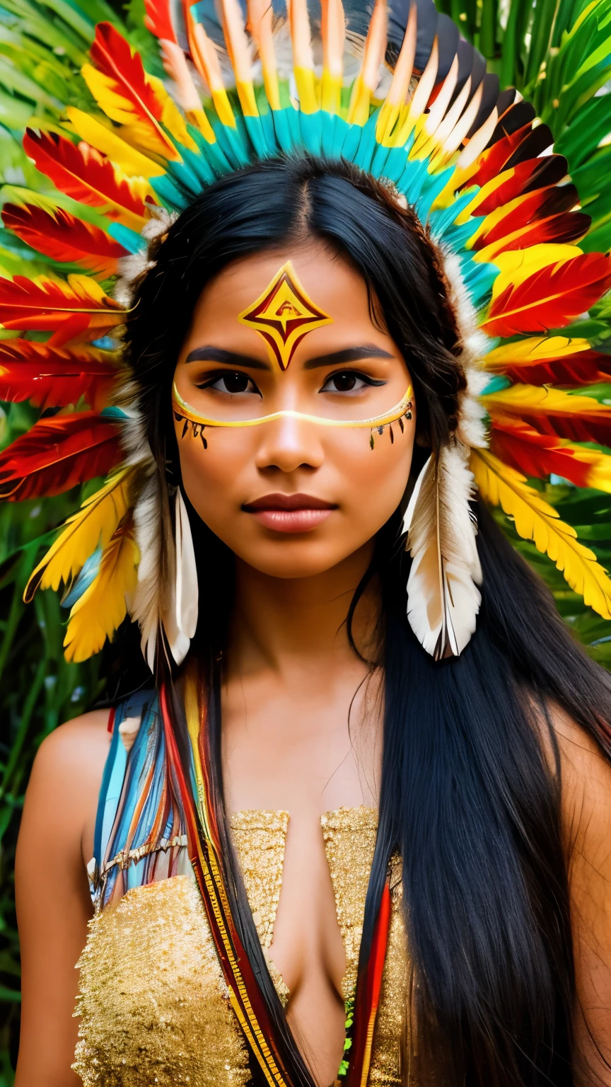 ((RAW photo, Best quality)), (Realistic, photo-realistic:1.2). A beautiful indigenous girl in native dress with feathers and feathers on her head, amazon indian peoples in brazil, beautiful young female brazilian Native girl, paint face, soft smile, Yanomami Indian in typical costumes,High quality. Amazonia forest and river Background.