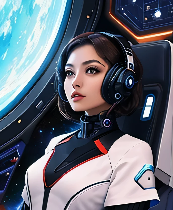 Una mujer con vestido ciberfuturista negro y rojo., que exuda un aura de elegancia y poder en un mundo evolucionado digitalmente, con un fondo espacial que muestra futuras naves espaciales, Transmitiendo elegancia y potencia inigualables en un entorno digitalmente avanzado.. Add a touch of futurism by incorporating a space background with future spaceships., thus creating an immersive atmosphere that will transport viewers to a world of infinite possibilities and innovative technology.Una mujer con vestido ciberfuturista negro y rojo., que exuda un aura de elegancia y poder en un mundo evolucionado digitalmente, con un fondo espacial que muestra futuras naves espaciales, Transmitiendo elegancia y potencia inigualables en un entorno digitalmente avanzado.. Add a touch of futurism by incorporating a space background with future spaceships., thus creating an immersive atmosphere that will transport viewers to a world of infinite possibilities and innovative technology.
