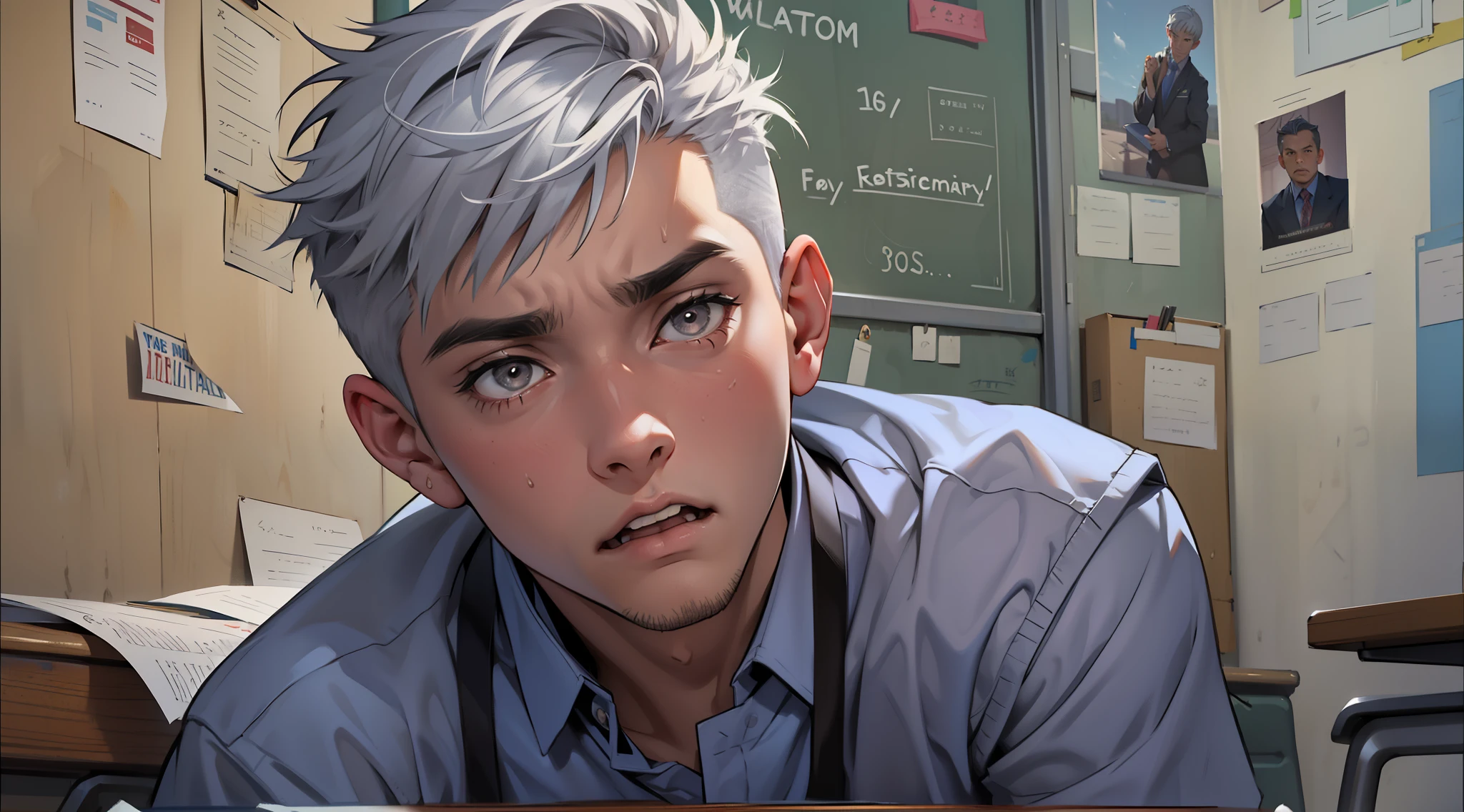 There is a very upset boy, he is shouting, he feels betrayed with fury, there is a handsome 18-year-old boy, he is amazed and scared, he reacts to bad news with short hair, silver hair and gray eyes, sitting listening to his school principal, Sucatriz, in the classroom. expensive
