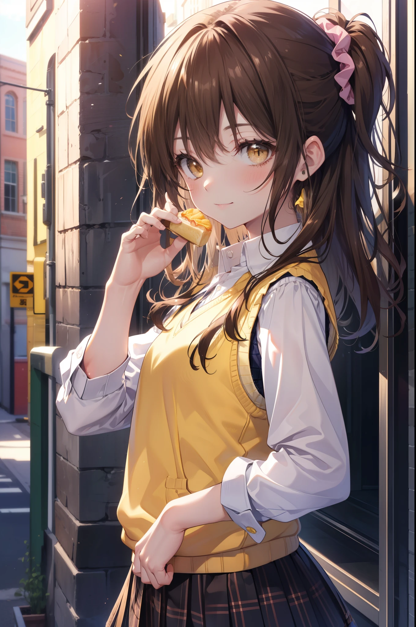 Follow Us, food yuuki, (brown eyes:1.7), brown hair, hair ornaments, hair Scrunchie, long hair, pink Scrunchie, Scrunchie, (flat chest:1.2),smile,blush,
break green skirt, plaid, plaid skirt, sainan high school uniform, school uniform, skirt, shirt, white shirt, sweater vest, (yellow sweater vest:1.5),black pantyhose,brown loafers,
break looking at viewer, (cowboy shot:1. 5)
break outdoors, In town,building street,
break (masterpiece:1.2), highest quality, High resolution, unity 8k wallpaper, (figure:0.8), (detailed and beautiful eyes:1.6), highly detailed face, perfect lighting, Very detailed CG, (perfect hands, perfect anatomy),