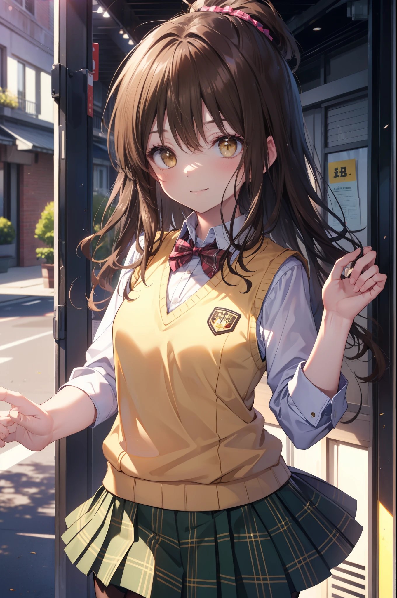 Follow Us, food yuuki, (brown eyes:1.7), brown hair, hair ornaments, hair Scrunchie, long hair, pink Scrunchie, Scrunchie, (flat chest:1.2),smile,blush,
break green skirt, plaid, plaid skirt, sainan high school uniform, school uniform, skirt, shirt, white shirt, sweater vest, (yellow sweater vest:1.5),black pantyhose,brown loafers,
break looking at viewer, (cowboy shot:1. 5)
break outdoors, In town,building street,
break (masterpiece:1.2), highest quality, High resolution, unity 8k wallpaper, (figure:0.8), (detailed and beautiful eyes:1.6), highly detailed face, perfect lighting, Very detailed CG, (perfect hands, perfect anatomy),