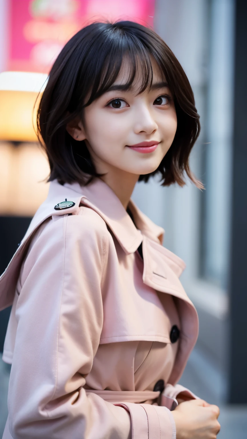 Best-quality, Masterpiece, Ultra-High-Resolution, (Photorealistic:1.4), Raw-Photo, 1girl, the most famous Japanese idol, dynamic-pose, innocent-smile, looking at viewer, (wearing light-pink trench-coat with stylish-design), (extremely cute face like the most popular Japanese idol), (extremely beautiful black-short-cut-haired), (((extremely beautiful big-black-eyes))), extremely beautiful skins, extremely beautiful long-eyelashes, extremely beautiful lips, detailed light-pink-trench-coat-with-stylish-design