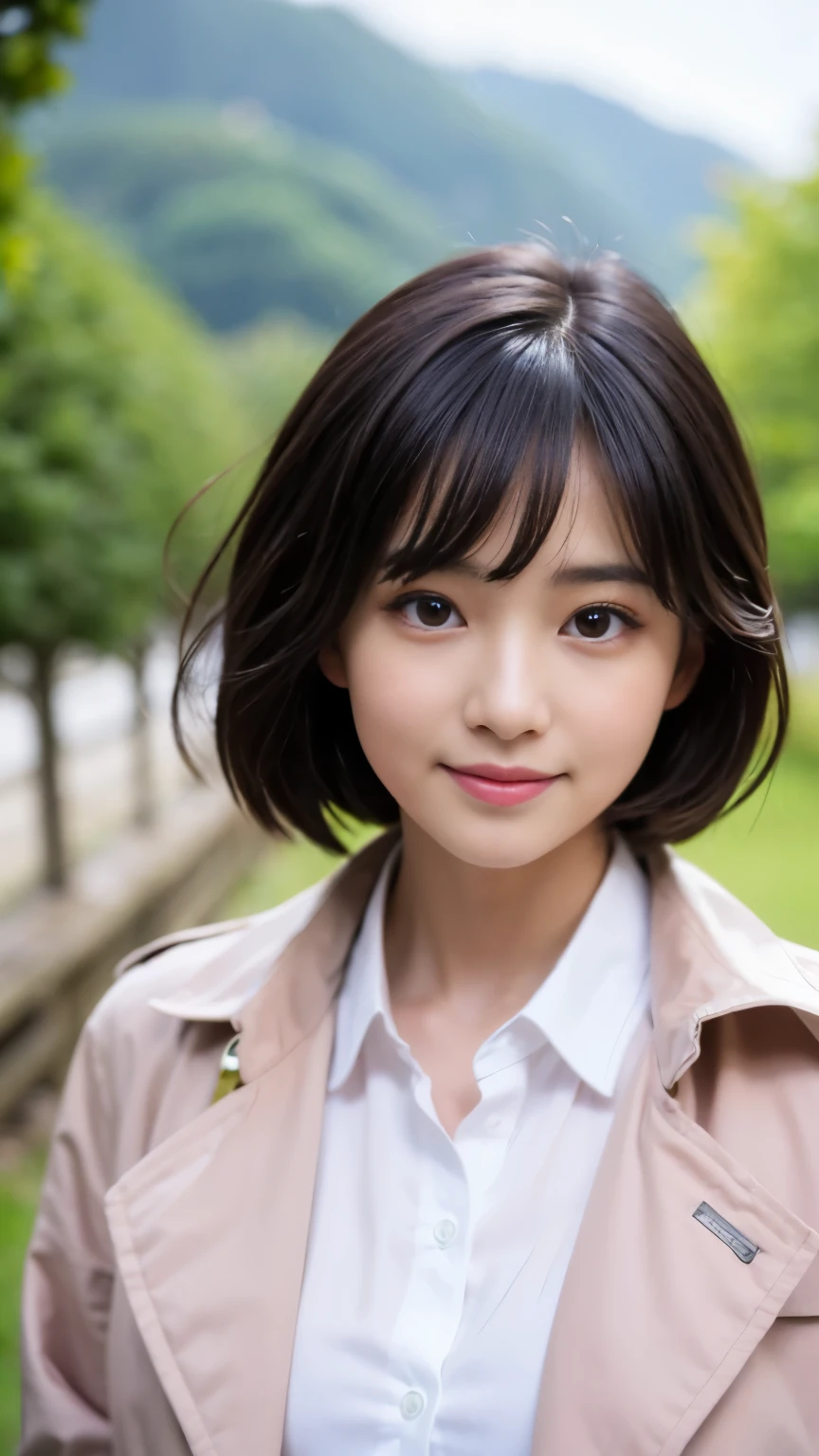 Best-quality, Masterpiece, Ultra-High-Resolution, (Photorealistic:1.4), Raw-Photo, 1girl, the most famous Japanese idol, dynamic-pose, innocent-smile, looking at viewer, (wearing light-pink trench-coat with stylish-design), (extremely cute face like the most popular Japanese idol), (extremely beautiful black-short-cut-haired), (((extremely beautiful big-black-eyes))), extremely beautiful skins, extremely beautiful long-eyelashes, extremely beautiful lips, detailed light-pink-trench-coat-with-stylish-design