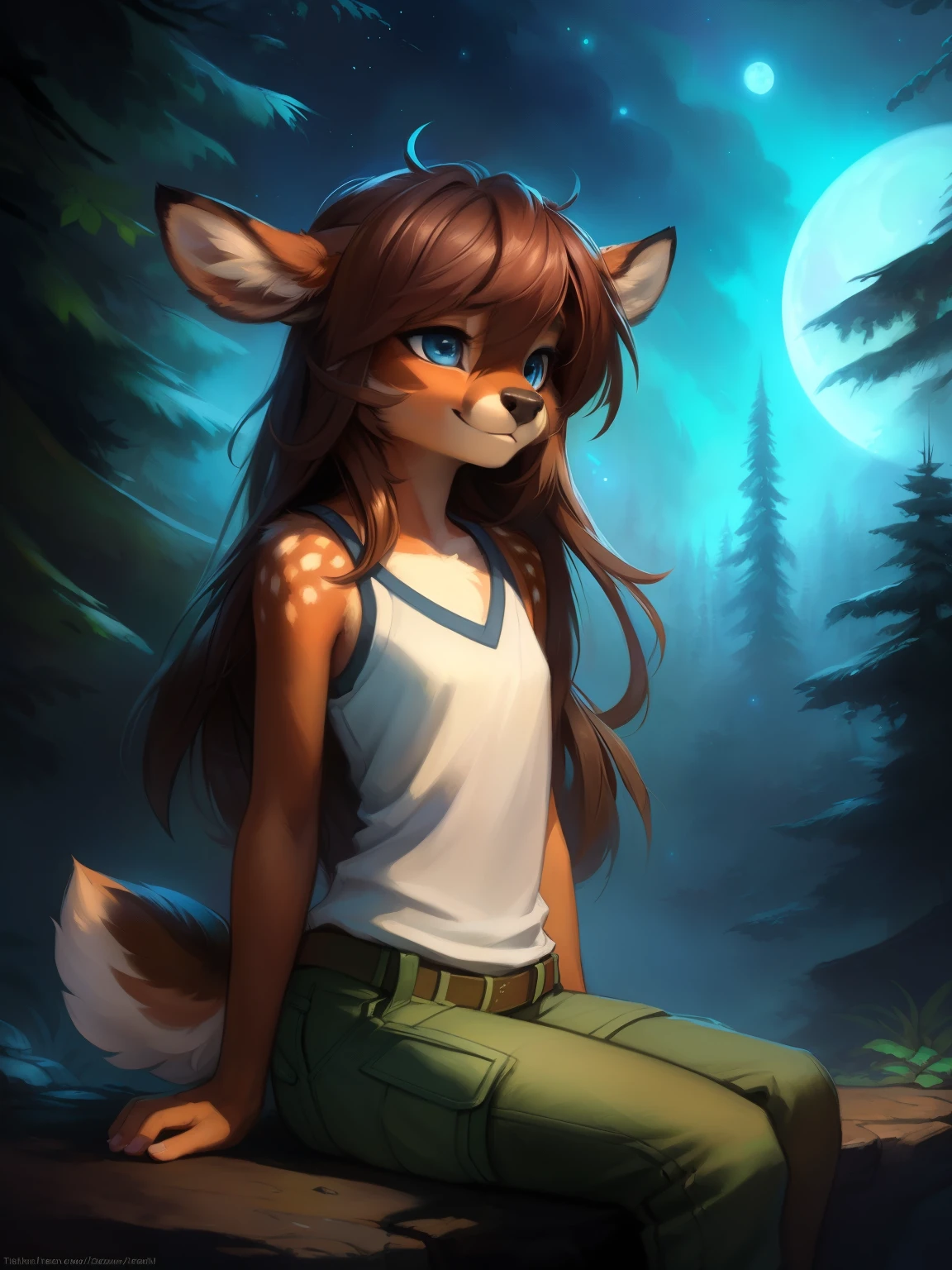 uploaded the e621, beautiful and detailed portrait of a (((female))) small very young solo age young anthro female deer doe with with small hips and a skinny body and ((clear navy blue eyes)), ( small legs and hips :1.5), small pelvis, Slim waist, wearing cargo pants and a shirt, sitting on a window sims, staring out into an alien planet with glowing plants and bioluminescent trees at midnight , long brown hair, kenket, Ross Tran,ruan jia, uploaded to e621, zaush, foxovh, zenematic lighting, deer,full body, deer tail, day, beautiful, messy hair, brown hair, 1girl, solo, night, smiling shyly, detailed,hair covering eyes, black and brown hair, long hair floating in the wind, beautiful, (sublime: 1.0), (Extremely sensitive: 1.0),