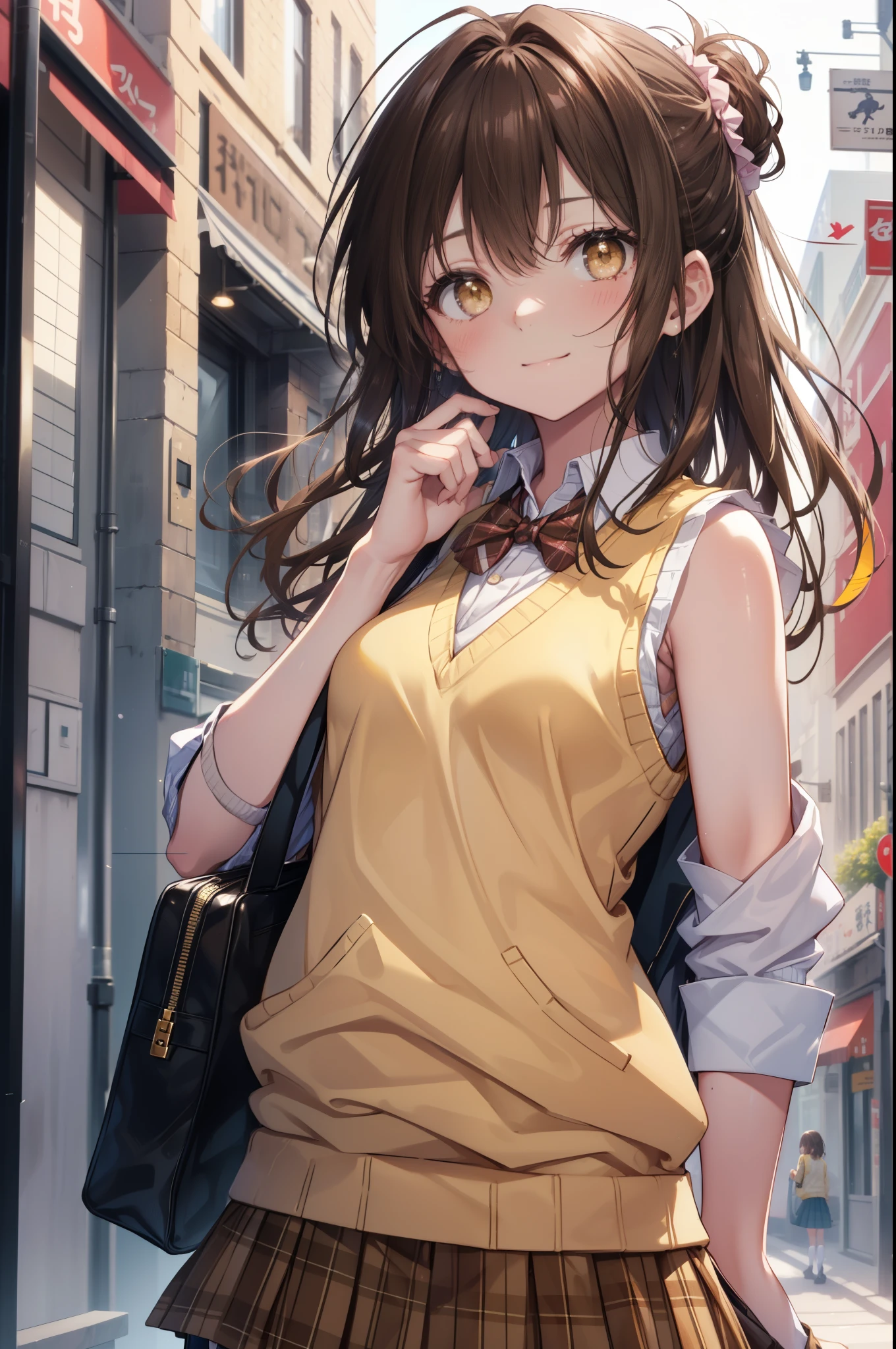 Follow Us, food yuuki, (brown eyes:1.7), brown hair, hair ornaments, hair Scrunchie, long hair, pink Scrunchie, Scrunchie, (flat chest:1.2),smile,blush,
break green skirt, plaid, plaid skirt, sainan high school uniform, school uniform, skirt, shirt, white shirt, sweater vest, (yellow sweater vest:1.5),black pantyhose,brown loafers,walking,
break looking at viewer, whole body,(cowboy shot:1. 5)
break outdoors, In town,building street,
break (masterpiece:1.2), highest quality, High resolution, unity 8k wallpaper, (figure:0.8), (detailed and beautiful eyes:1.6), highly detailed face, perfect lighting, Very detailed CG, (perfect hands, perfect anatomy),