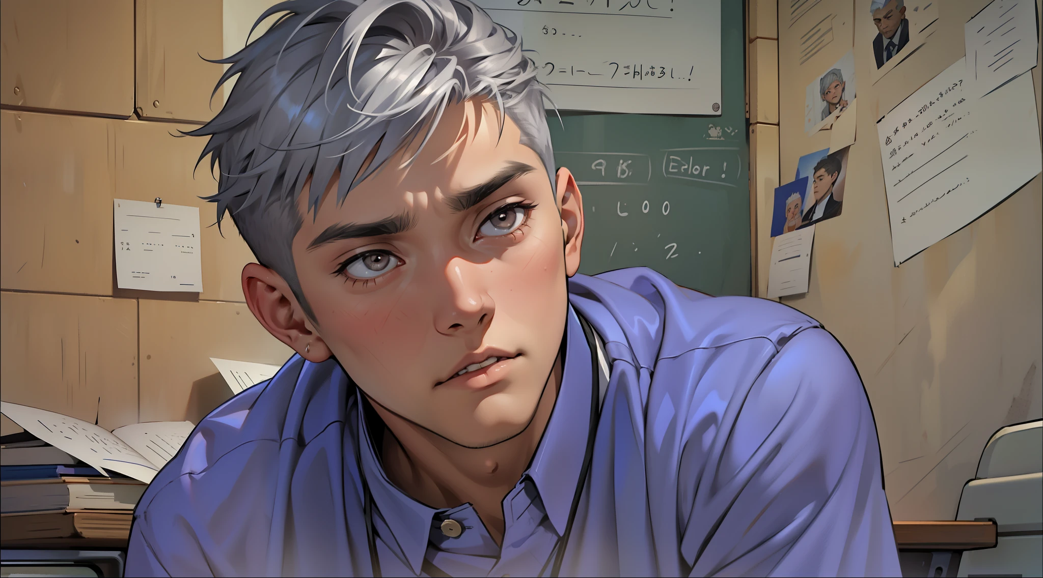 There is a handsome 18-year-old boy, amazed and scared, reacting to bad news with short hair, silver hair and gray eyes, sitting listening to his school principal sucatriz in his face.