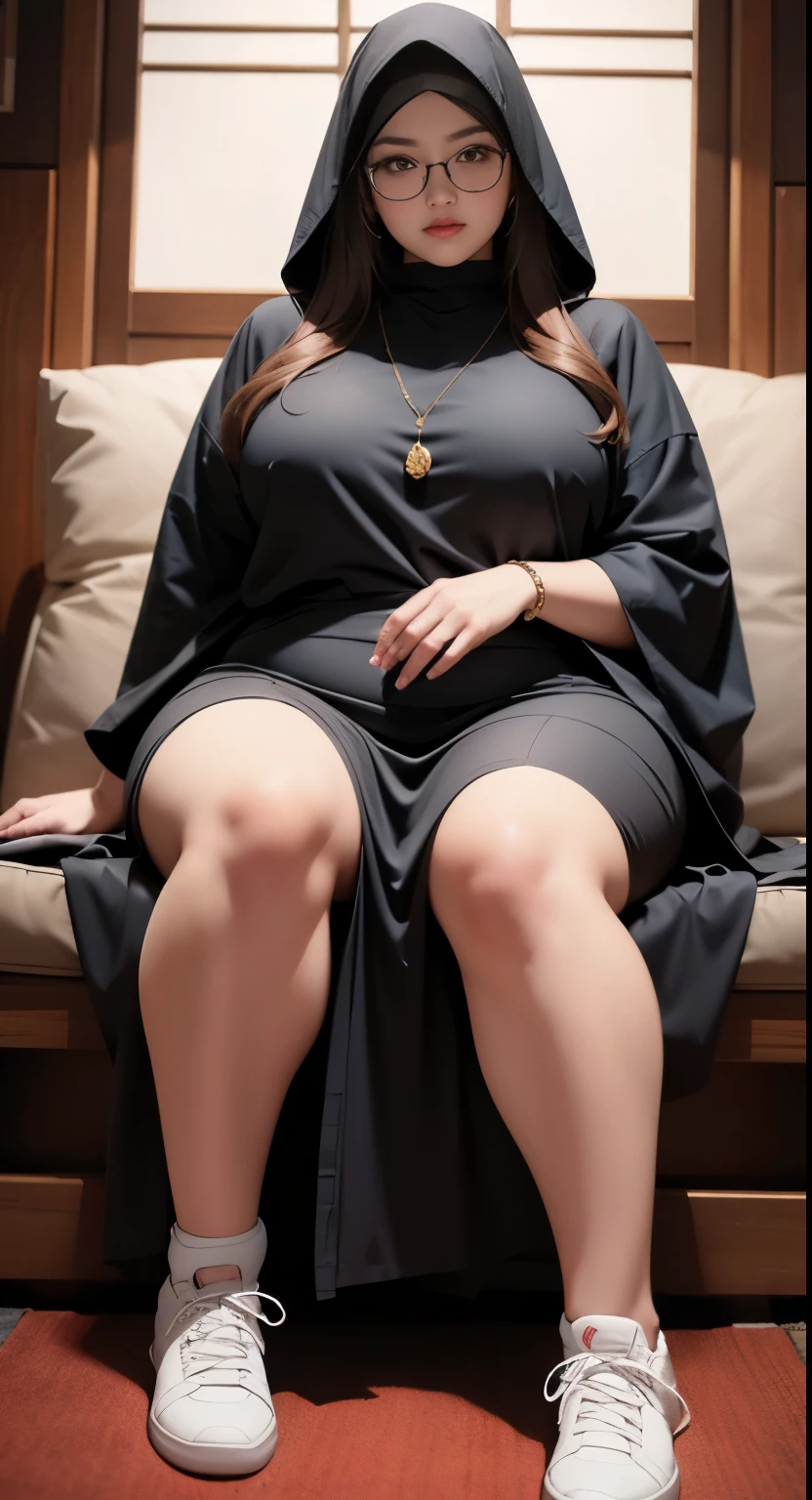 there is a woman sitting down with a longest brown hair, bbwchan, thicc, brown hijab outfit, brown hairstyle model, korean girl, korean woman, wearing brown robe, full length shot, alluring plus sized model, japanese goddess, clothed in hooded, voluptuous and arousing, portrait shot, curvy model, voluptuous body, wonderful, nene tanaka body , bbwchan, The overall atmosphere is smooth , haunting illustrations, extremely high-resolution details, photographic, realism pushed to extreme, fine texture, 4k, ultra-detailed, high quality, high contrast, red sneakers , cold atmosphere ,, cold atmosphere, 10 bracelet , wearing huge diamond necklace , glasses , full body photoshoot