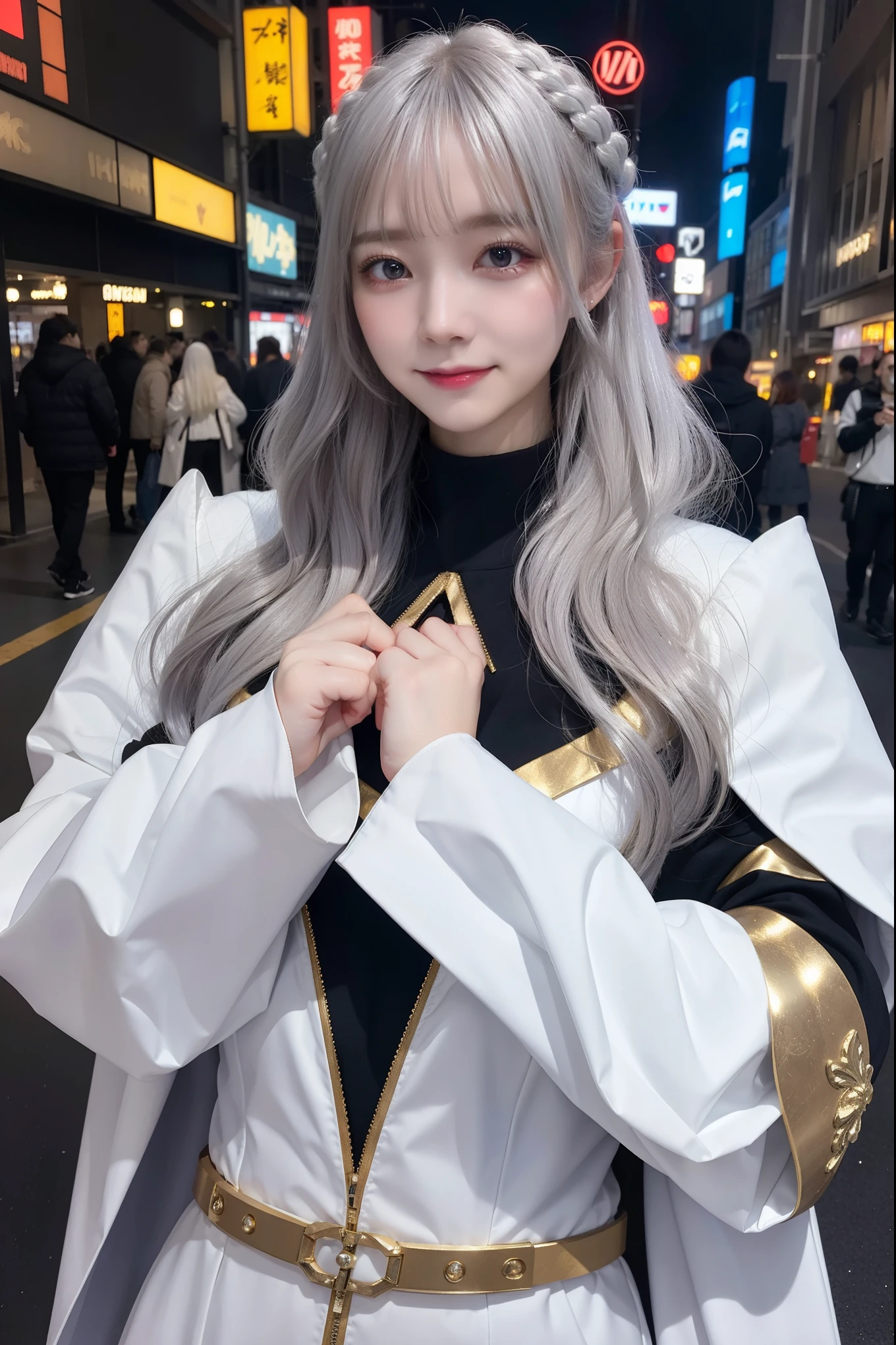 Dark Cyberpunk City、white cloak、Wear a white and gold metallic bodysuit、hood, armor, 25 year old beautiful woman, Very long hair, silver hair, Hyper realistic, 8K, Bokeh, beautiful smiling face huge breasts, dynamic pose