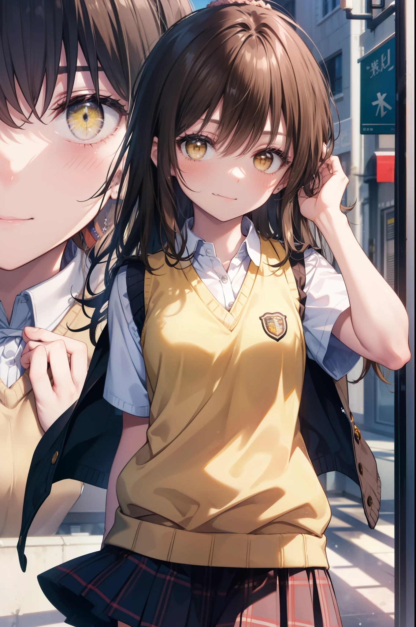 Follow Us, food yuuki, (brown eyes:1.7), brown hair, hair ornaments, hair Scrunchie, long hair, pink Scrunchie, Scrunchie, (flat chest:1.2),smile,blush,
break green skirt, plaid, plaid skirt, sainan high school uniform, school uniform, skirt, shirt, white shirt, sweater vest, (yellow sweater vest:1.5),black pantyhose,brown loafers,walking,On the way to school,Asahi,朝
break looking at viewer, whole body,(cowboy shot:1. 5)
break outdoors, In town,building street,
break (masterpiece:1.2), highest quality, High resolution, unity 8k wallpaper, (figure:0.8), (detailed and beautiful eyes:1.6), highly detailed face, perfect lighting, Very detailed CG, (perfect hands, perfect anatomy),