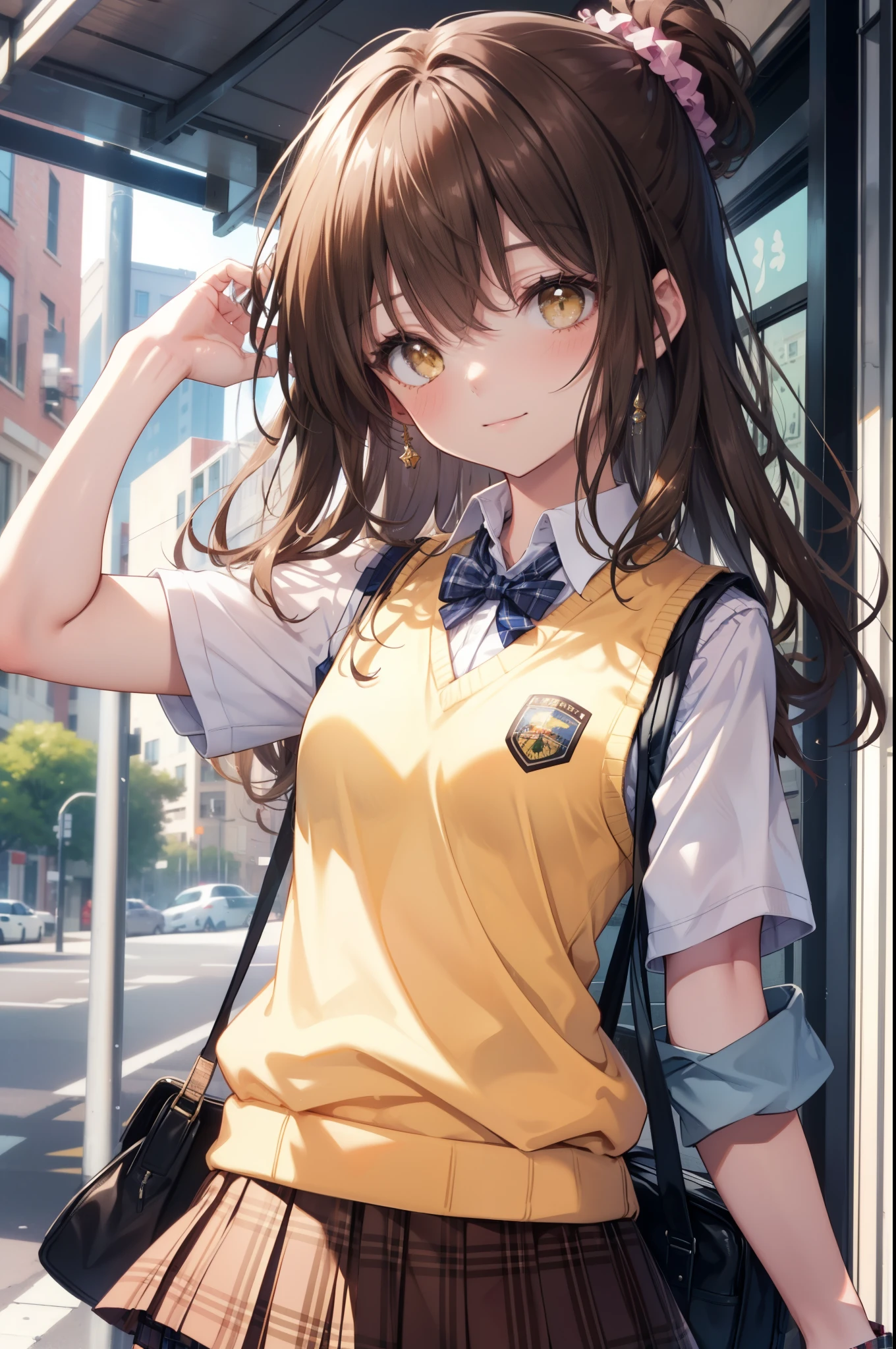 Follow Us, food yuuki, (brown eyes:1.7), brown hair, hair ornaments, hair Scrunchie, long hair, pink Scrunchie, Scrunchie, (flat chest:1.2),smile,blush,
break green skirt, plaid, plaid skirt, sainan high school uniform, school uniform, skirt, shirt, white shirt, sweater vest, (yellow sweater vest:1.5),black pantyhose,brown loafers,walking,On the way to school,Asahi,朝
break looking at viewer, whole body,(cowboy shot:1. 5)
break outdoors, In town,building street,
break (masterpiece:1.2), highest quality, High resolution, unity 8k wallpaper, (figure:0.8), (detailed and beautiful eyes:1.6), highly detailed face, perfect lighting, Very detailed CG, (perfect hands, perfect ???????),