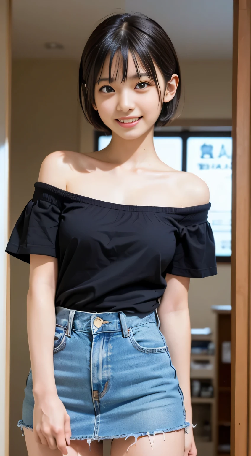 (8k,RAW photo、RAW photo、highest quality、master masterpiece:1.2)、１girl、１middle aged male、Super detailed、super resolution、(Photoreal:1.3)、((Shoot from below)),((cowboy shot:1.4))、Clearly depicts the shadows of light、High resolution RAW color photos、professional photos、(((Inside the store:1.4)))、I draw it faithfully to the anatomy...、very detailed and beautiful、super high quality、((girl with short cut hair:1.4))、((貴金属Inside the storeのショーケースの前に立っているgirl:1.4))、((White collar short sleeve off shoulder shirt（no strap）:1.4))、((white short sleeve off shoulder cotton shirt:1.4))、((Denim skirt that highlights your thighs:1.4))、Upper body、((ポシェットを肩に掛けているgirl:1.4))、((smile:1.4))、