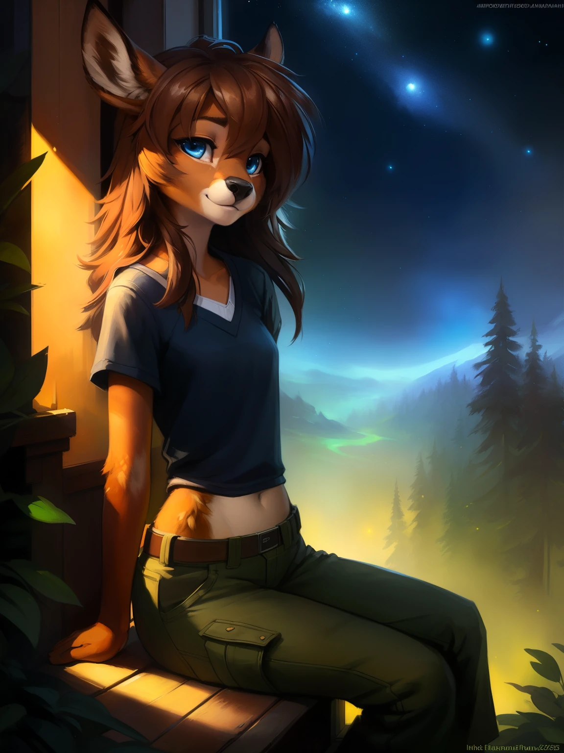 uploaded the e621, beautiful and detailed portrait of a (((female))) small very young solo age young anthro female deer doe with with small hips and a skinny body and ((clear navy blue eyes)), ( small legs and hips :1.5), small pelvis, Slim waist, wearing cargo pants and a shirt, sitting on a window sims, staring out into an alien planet with glowing plants and bioluminescent trees at midnight , long brown hair, kenket, Ross Tran,ruan jia, uploaded to e621, zaush, foxovh, zenematic lighting, deer,full body, deer tail, day, beautiful, messy hair, brown hair, 1girl, solo, night, smiling shyly, detailed,hair covering eyes, black and brown hair, long hair floating in the wind, beautiful, (sublime: 1.0), (Extremely sensitive: 1.0),